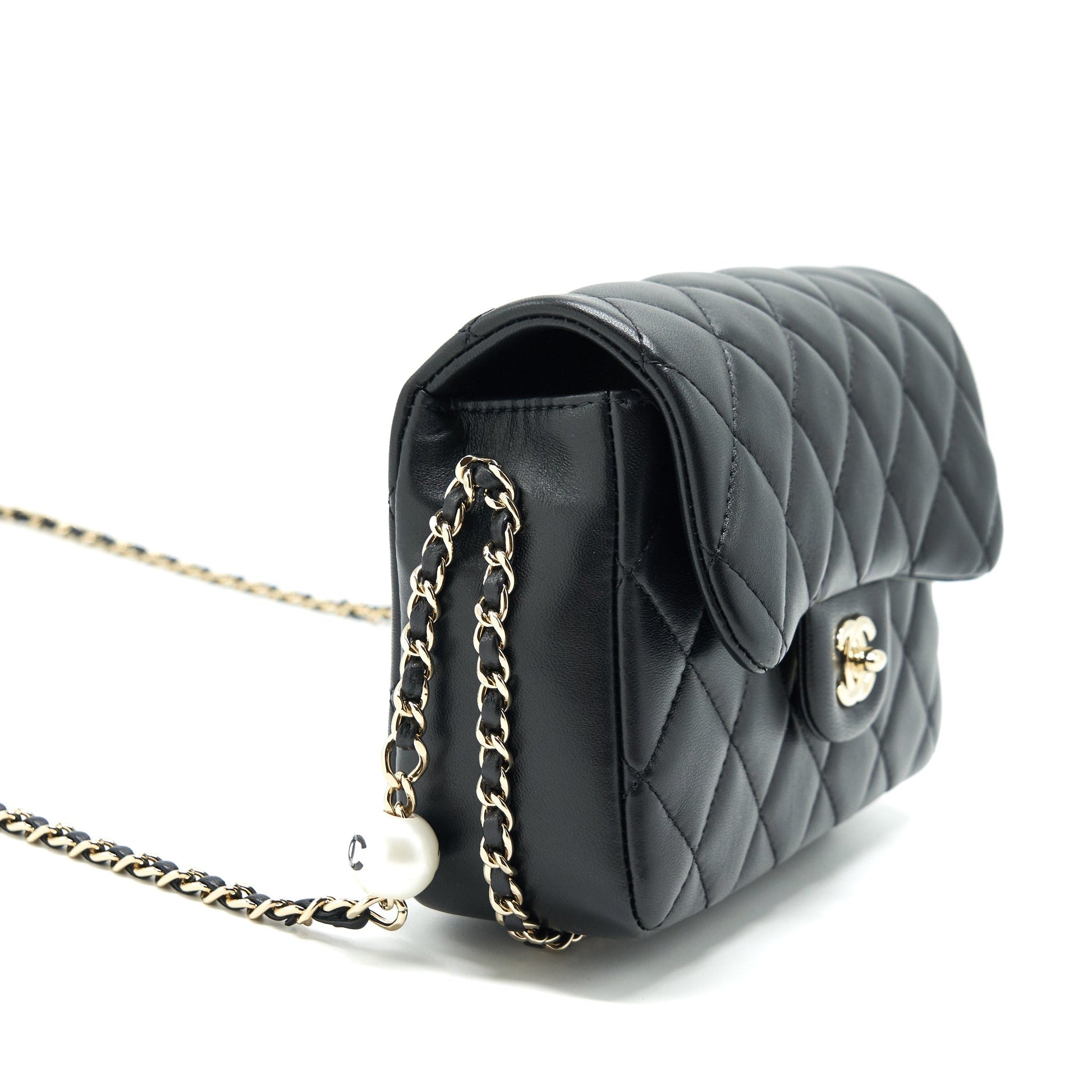Chanel Pearl Flap Quilted Grained Lambskin LGHW Black Shoulder Bag
