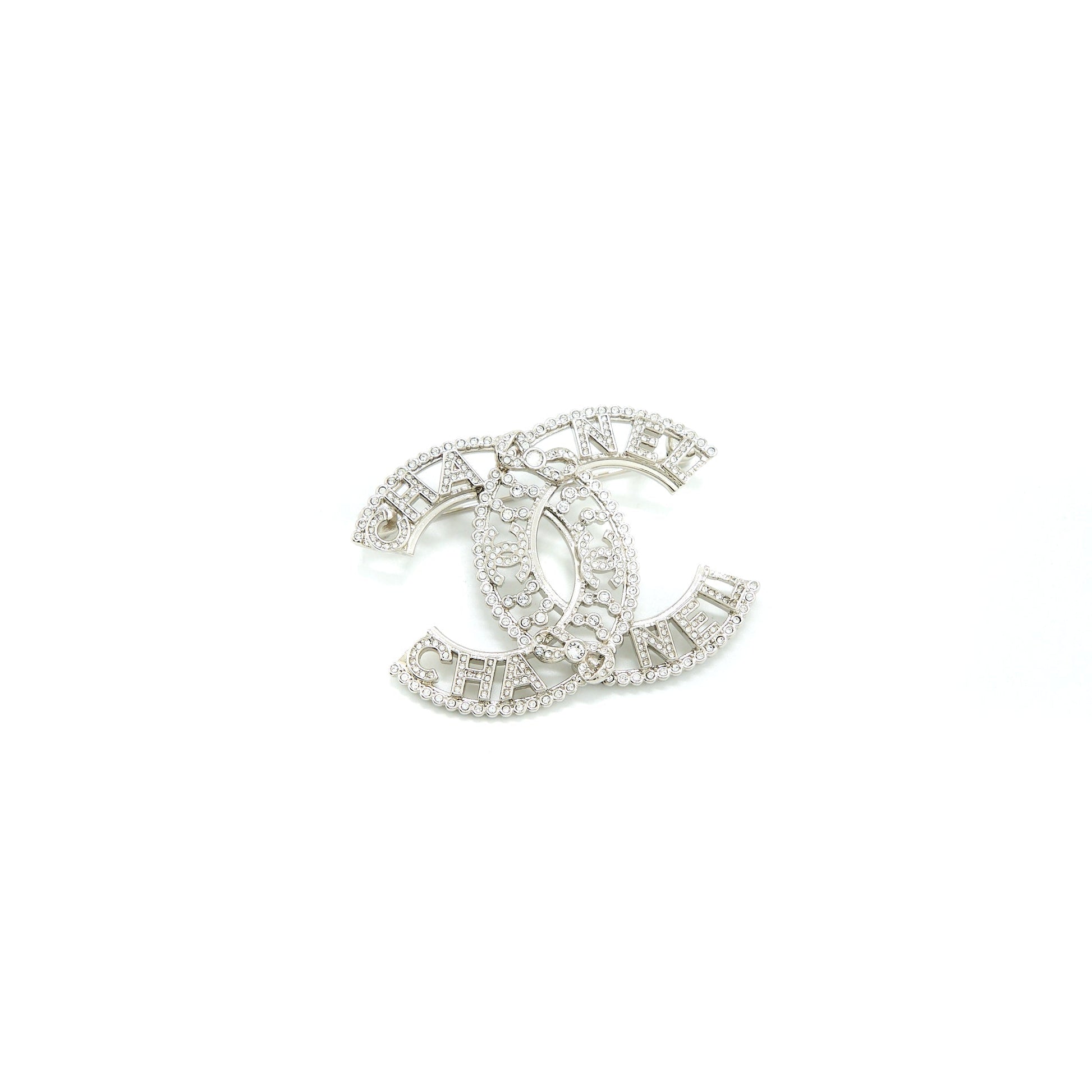 Chanel CC Logo Letter Brooch Crystal Tone Silver Handbag