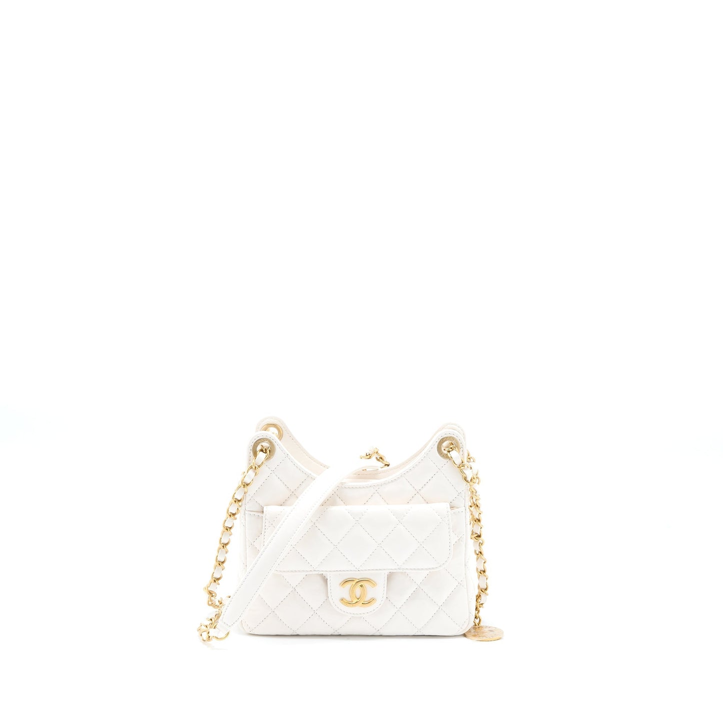 Chanel 23C Hobo Shiny Calfskin Brushed GHW White Small Shoulder Bag