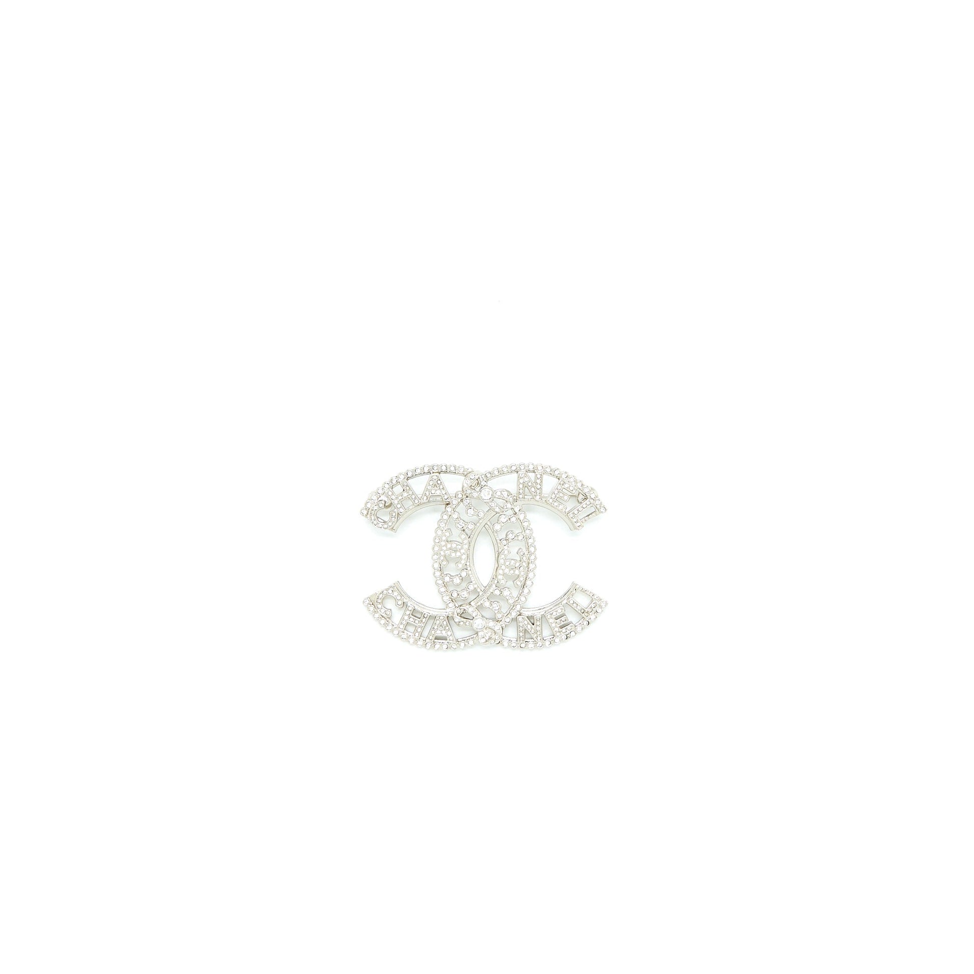 Chanel CC Logo Letter Brooch Crystal Tone Silver Handbag