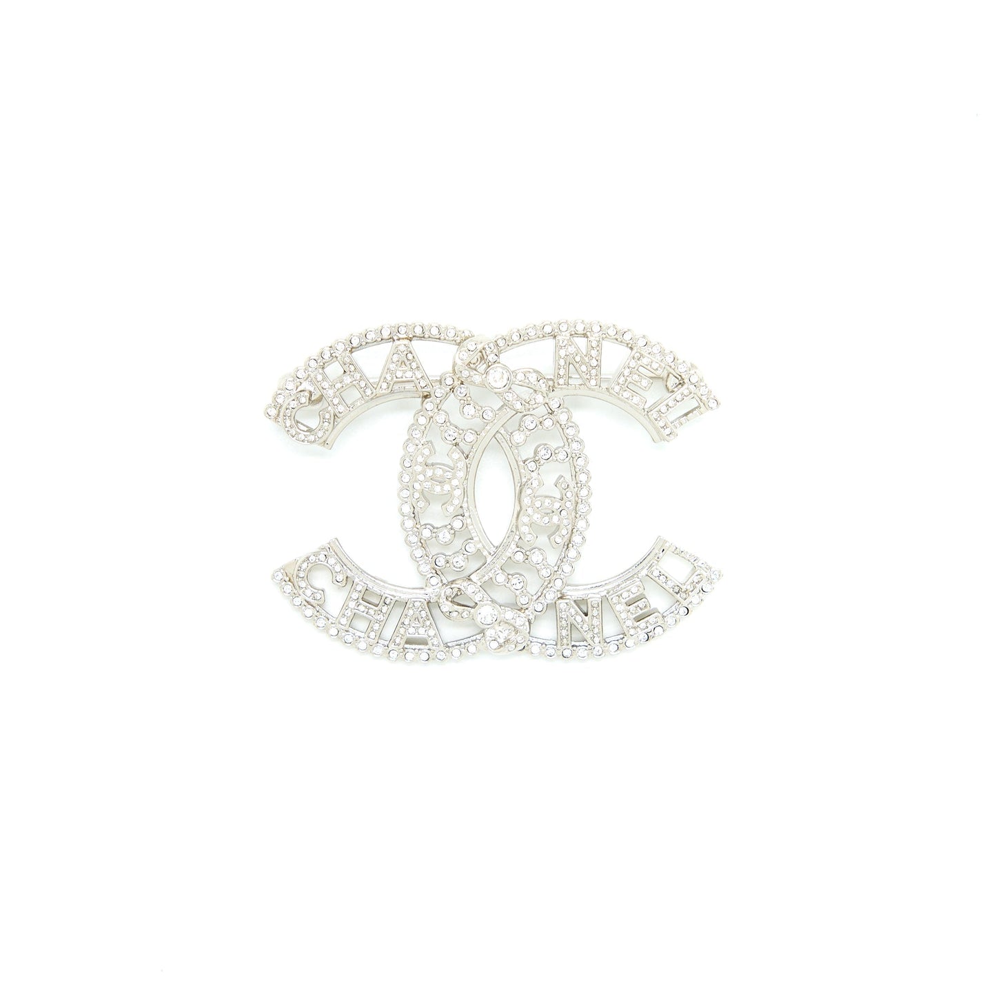 Chanel CC Logo Letter Brooch Crystal Tone Silver Handbag