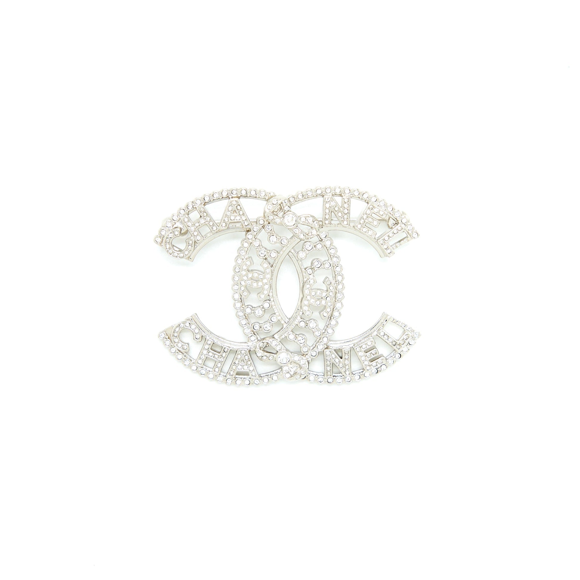 Chanel CC Logo Letter Brooch Crystal Tone Silver Handbag
