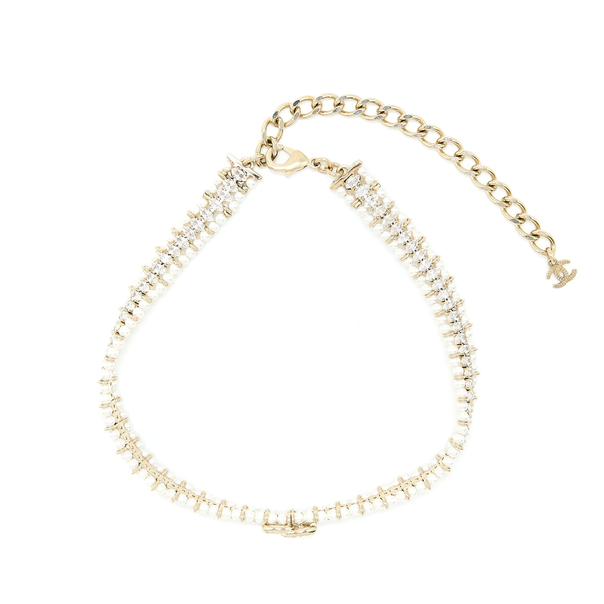 Chanel CC Logo Chocker Crystal Pearl LGHW Handbag