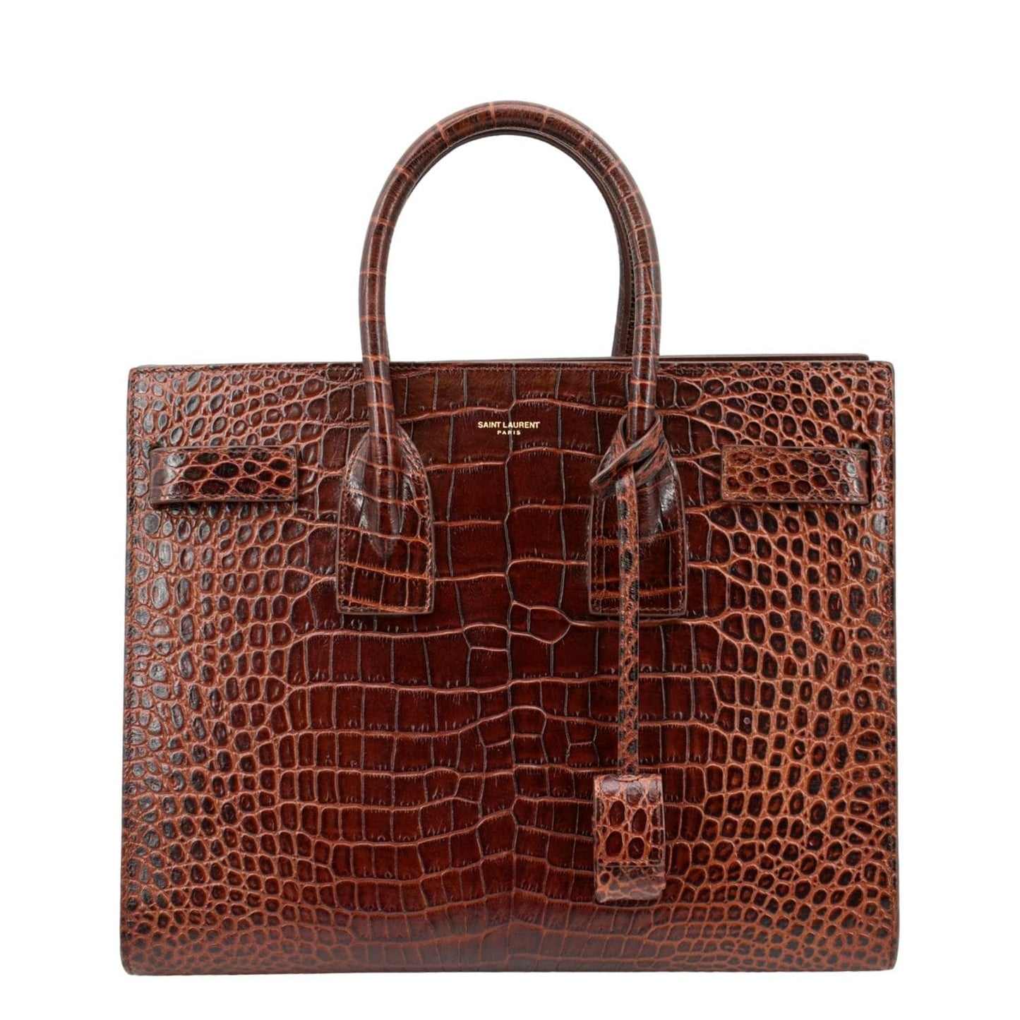 YSL Saint Laurent Saint Sac De Jour Embossed Satchel Bag Leather Brown Travel Bag