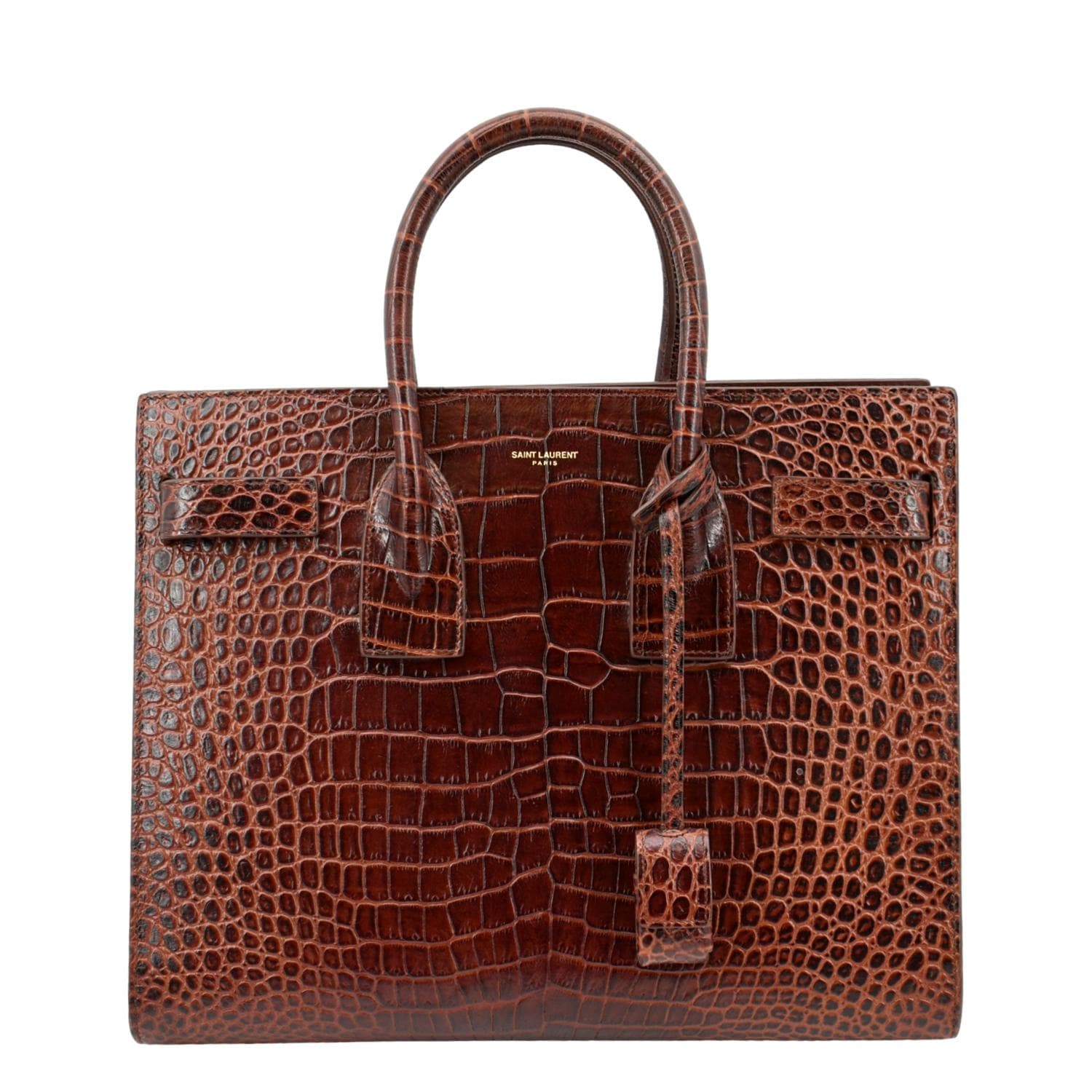 YSL Saint Laurent Saint Sac De Jour Embossed Satchel Bag Leather Brown Travel Bag