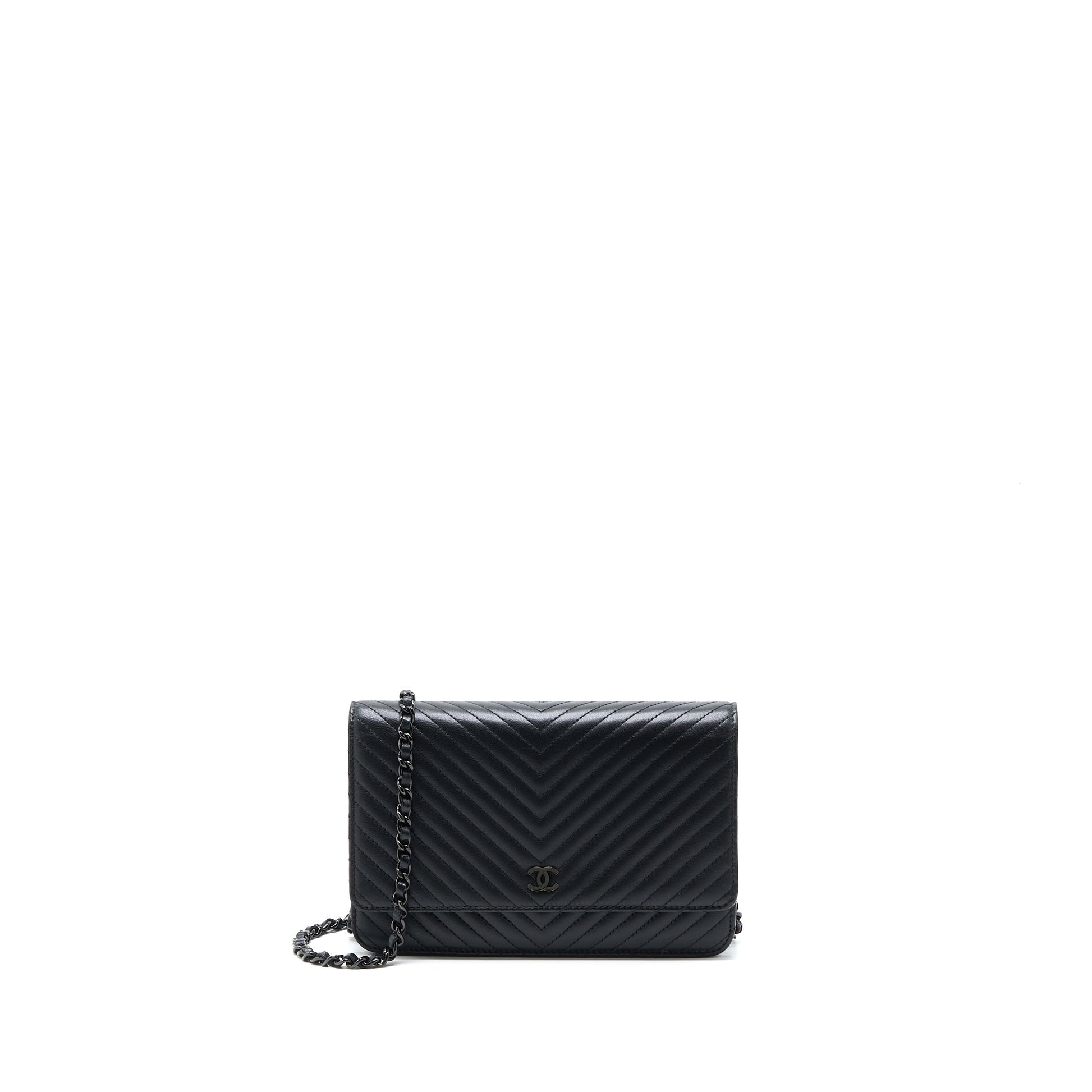 Chanel Chevron On Hardware Black Wallet Case