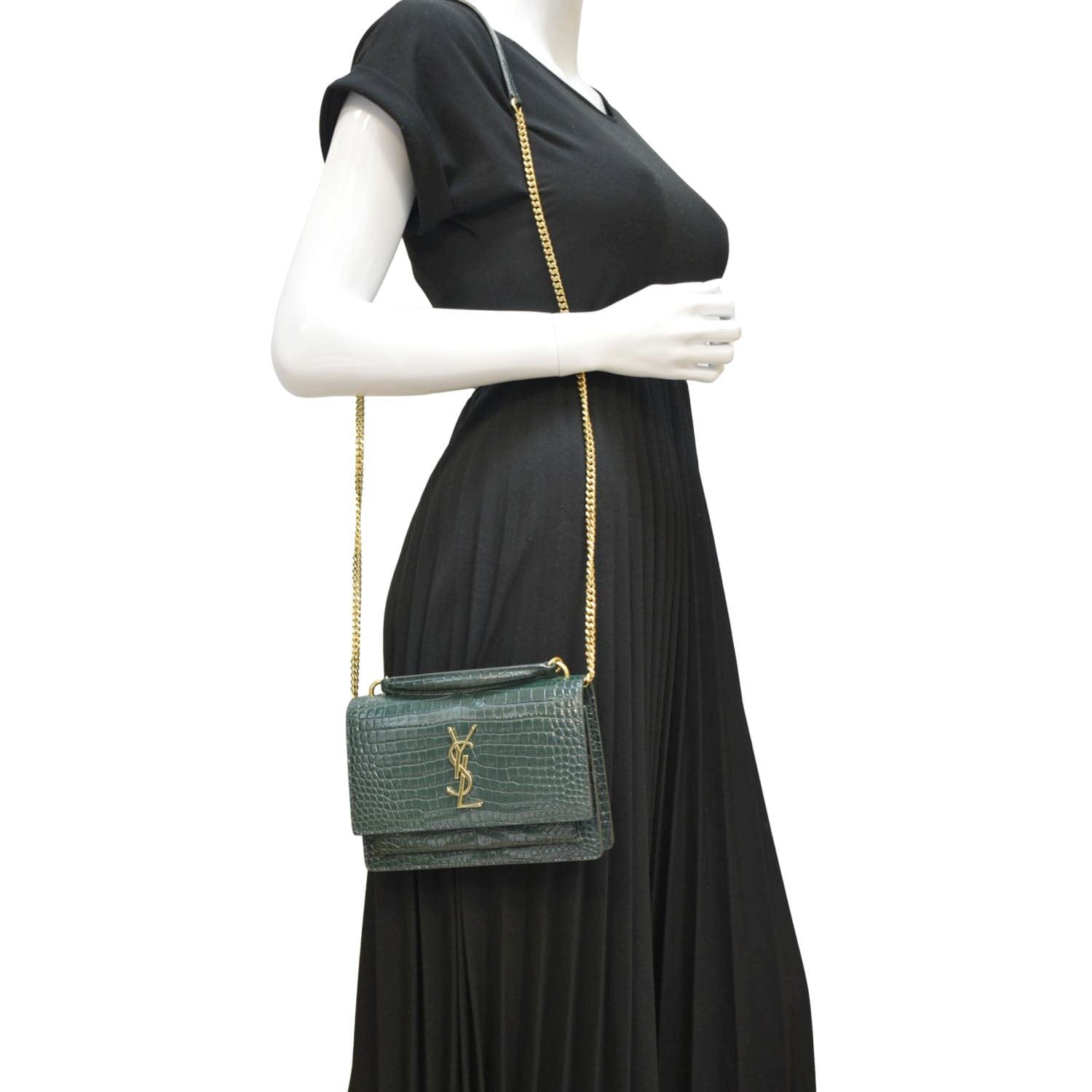 YSL Saint Laurent Yves Sunset Crocodile Crossbody Bag Leather Green Embossed