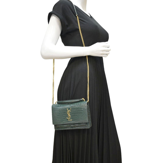 YSL Saint Laurent Yves Sunset Crocodile Crossbody Bag Leather Green Embossed