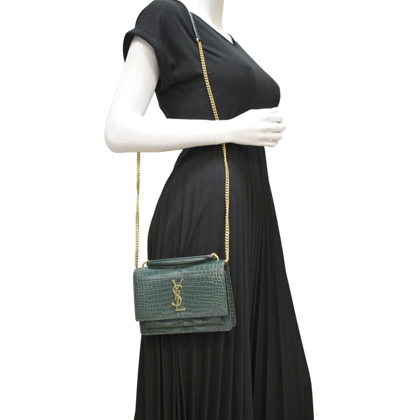 YSL Saint Laurent Saint Sunset Crocodile Embossed Crossbody Bag Leather Green