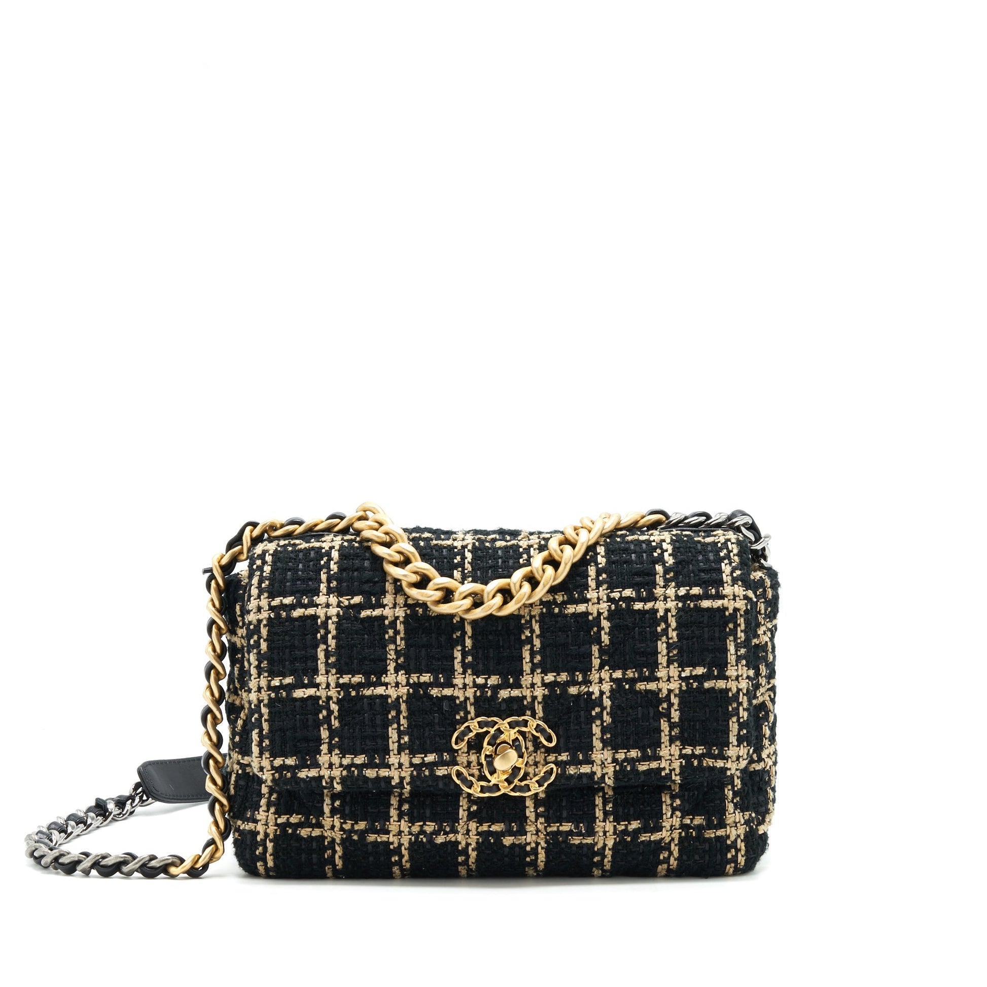 Chanel Tweed 19 Flap hardware Black Gold Silver Small Shoulder Bag