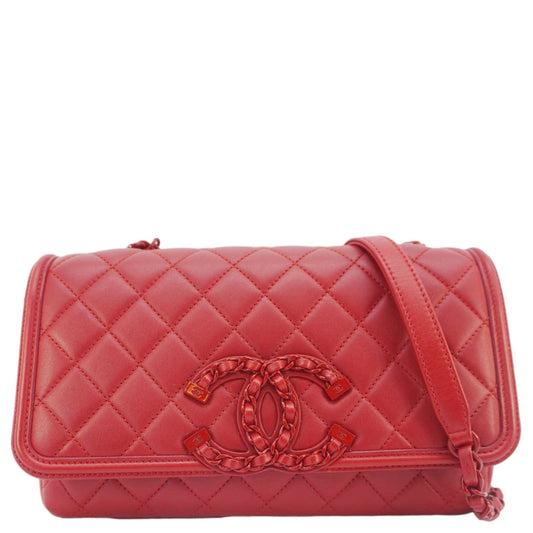 Chanel CC Filigree Flap Caviar Leather Red Travel Bag
