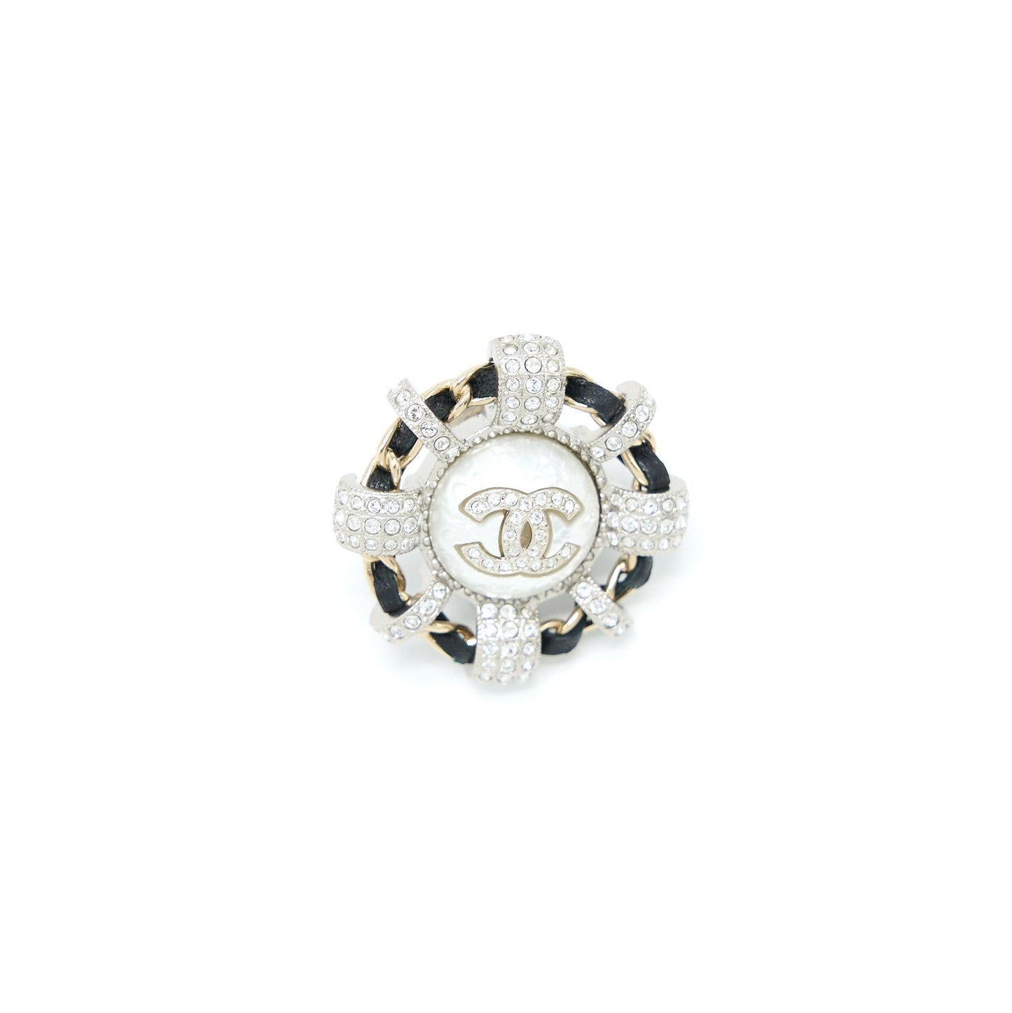 Chanel Round CC Logo Crystal Brooch Light Gold Leather Handbag
