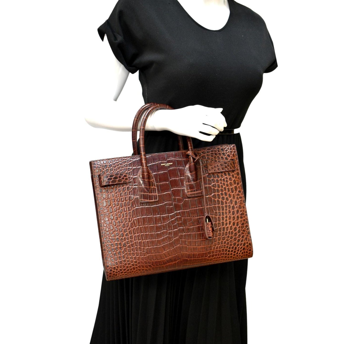 YSL Saint Laurent Saint Sac De Jour Embossed Satchel Bag Leather Brown Travel Bag