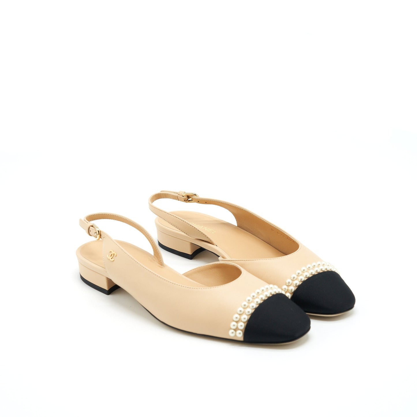 Chanel 38.5C Slingback Flats Pearls Beige Shoes