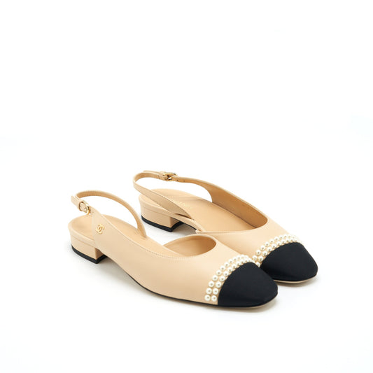 Chanel 38.5C Slingback Flats Pearls Beige Shoes