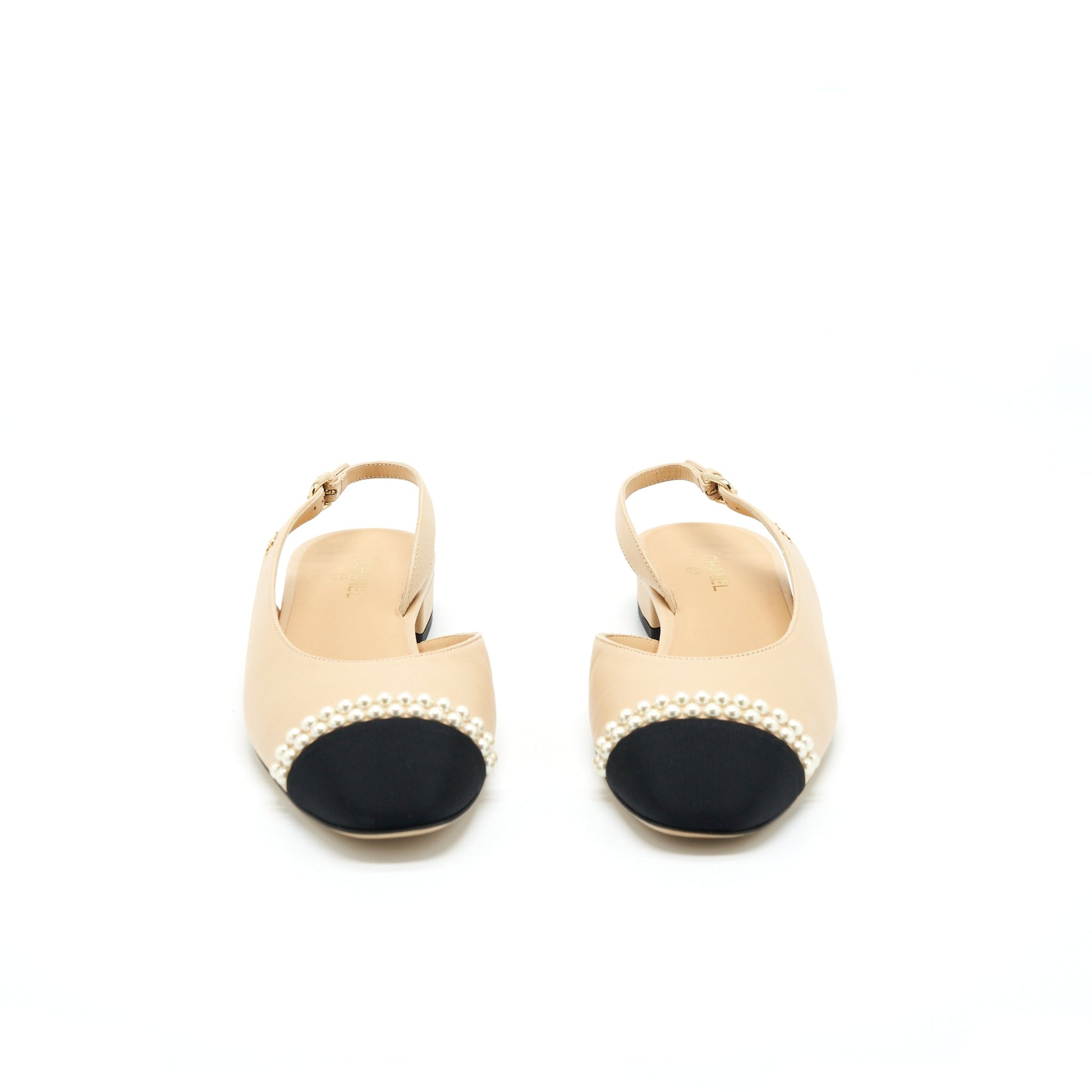 Chanel 38.5C Slingback Flats Pearls Beige Shoes