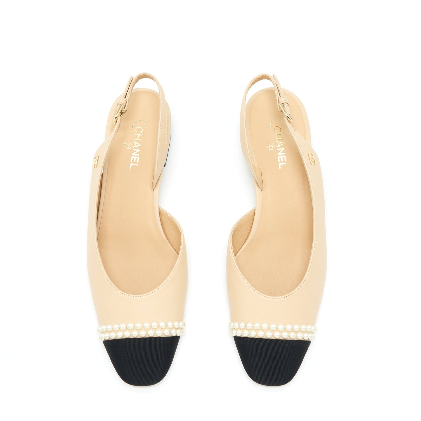 Chanel 38.5C Slingback Flats Pearls Beige Shoes