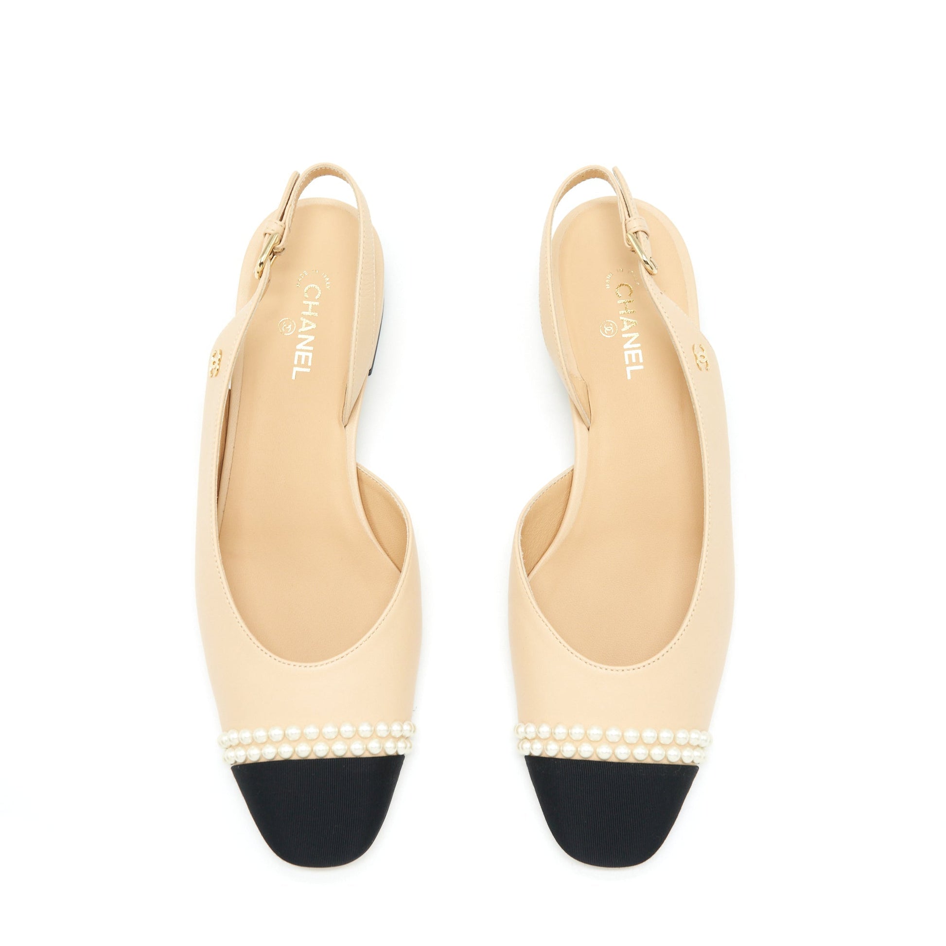 Chanel 38.5C Slingback Flats Pearls Beige Shoes