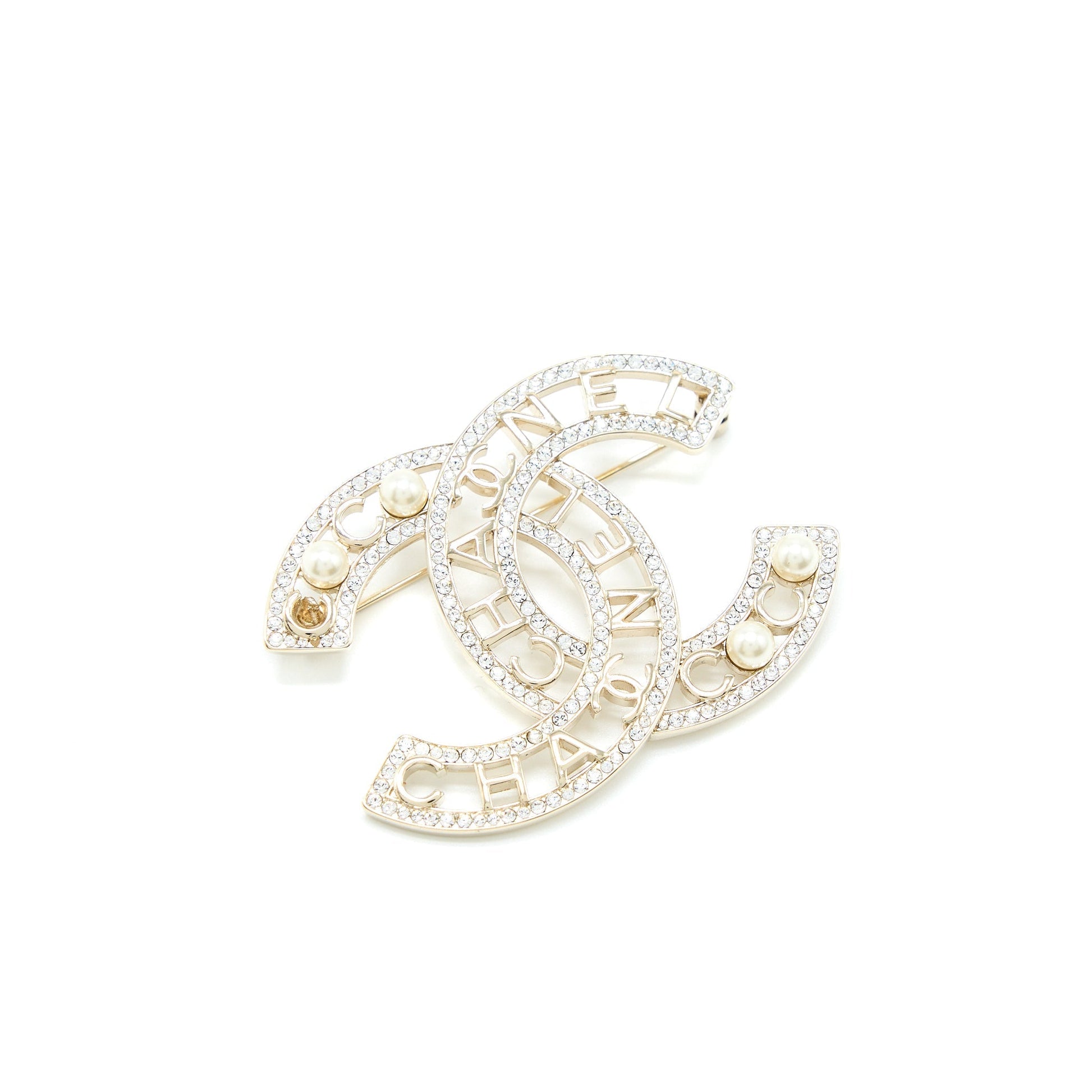 Chanel Model CC Logo Crystal Pearl Brooch Gold Handbag