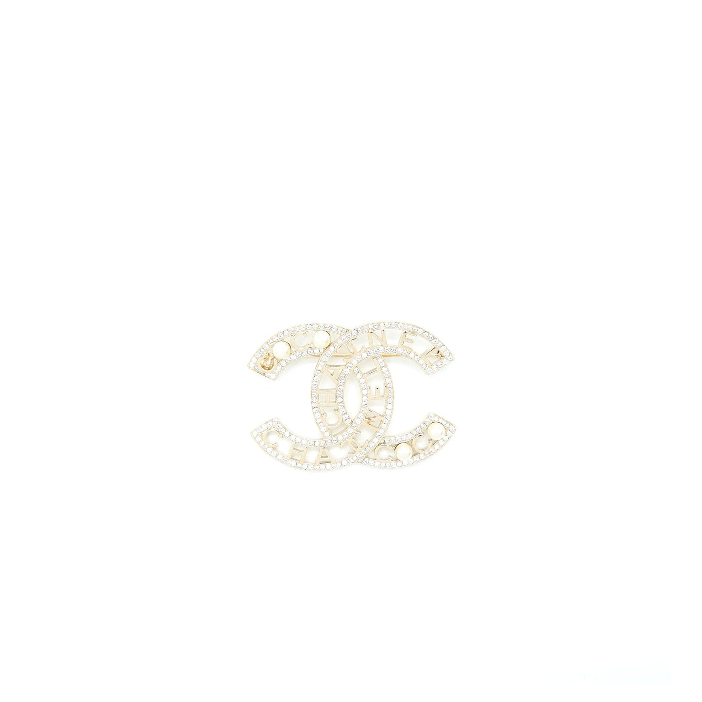 Chanel Model CC Logo Crystal Pearl Brooch Gold Handbag