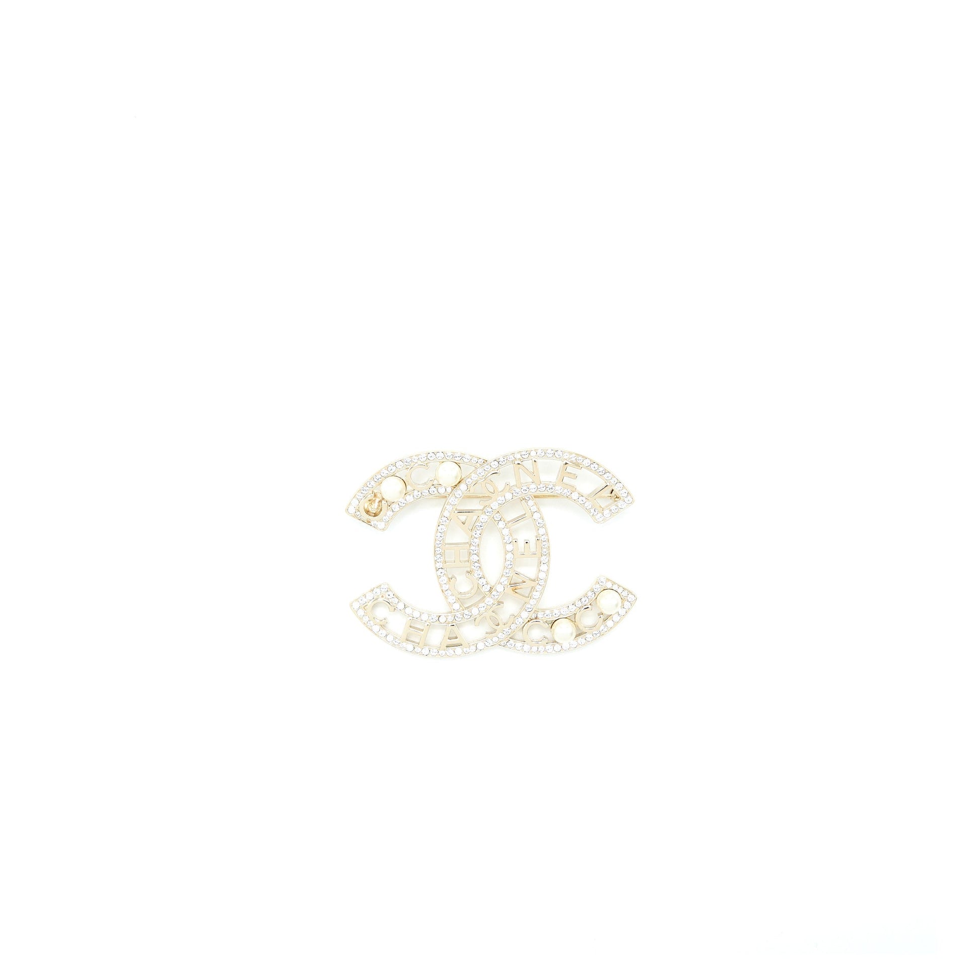 Chanel Model CC Logo Crystal Pearl Brooch Gold Handbag