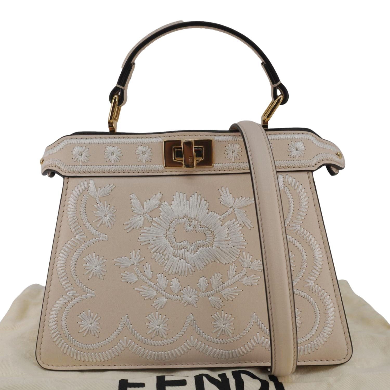 Fendi Peekaboo Seta Nappa Floral Tote Bag Camelia Leather Vitello Embroidered