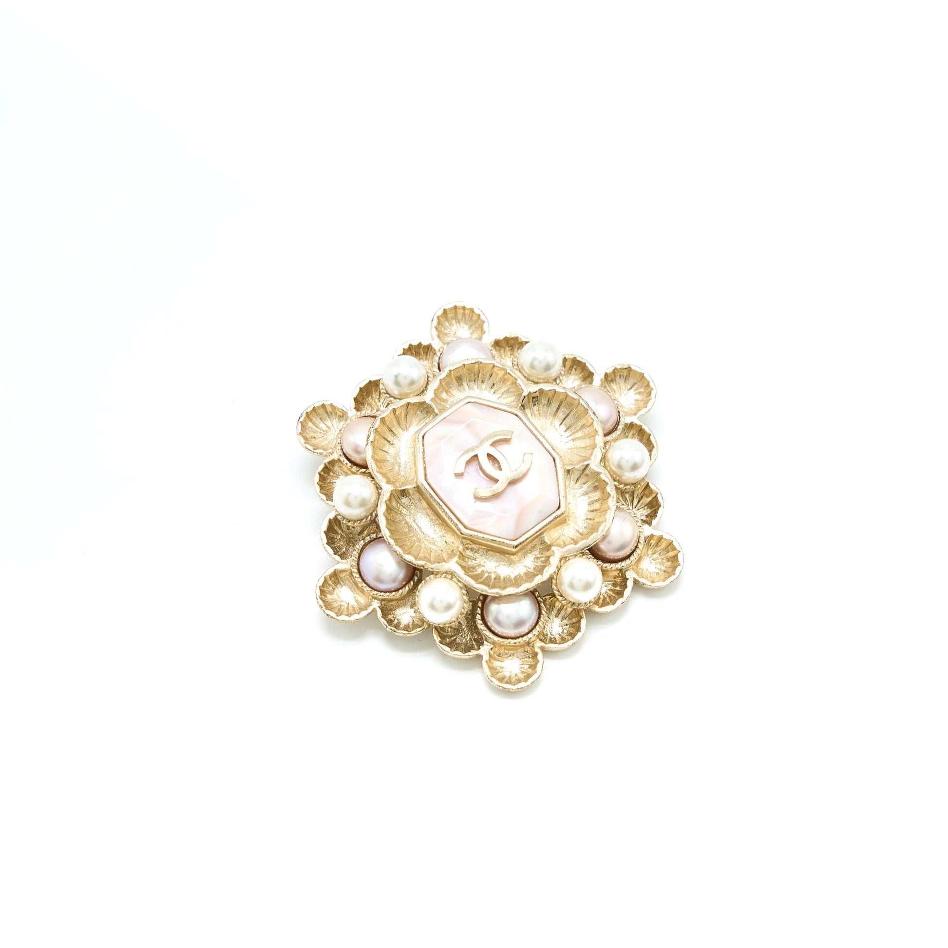 Chanel Camellia Pearl CC Logo Brooch Light Gold Handbag