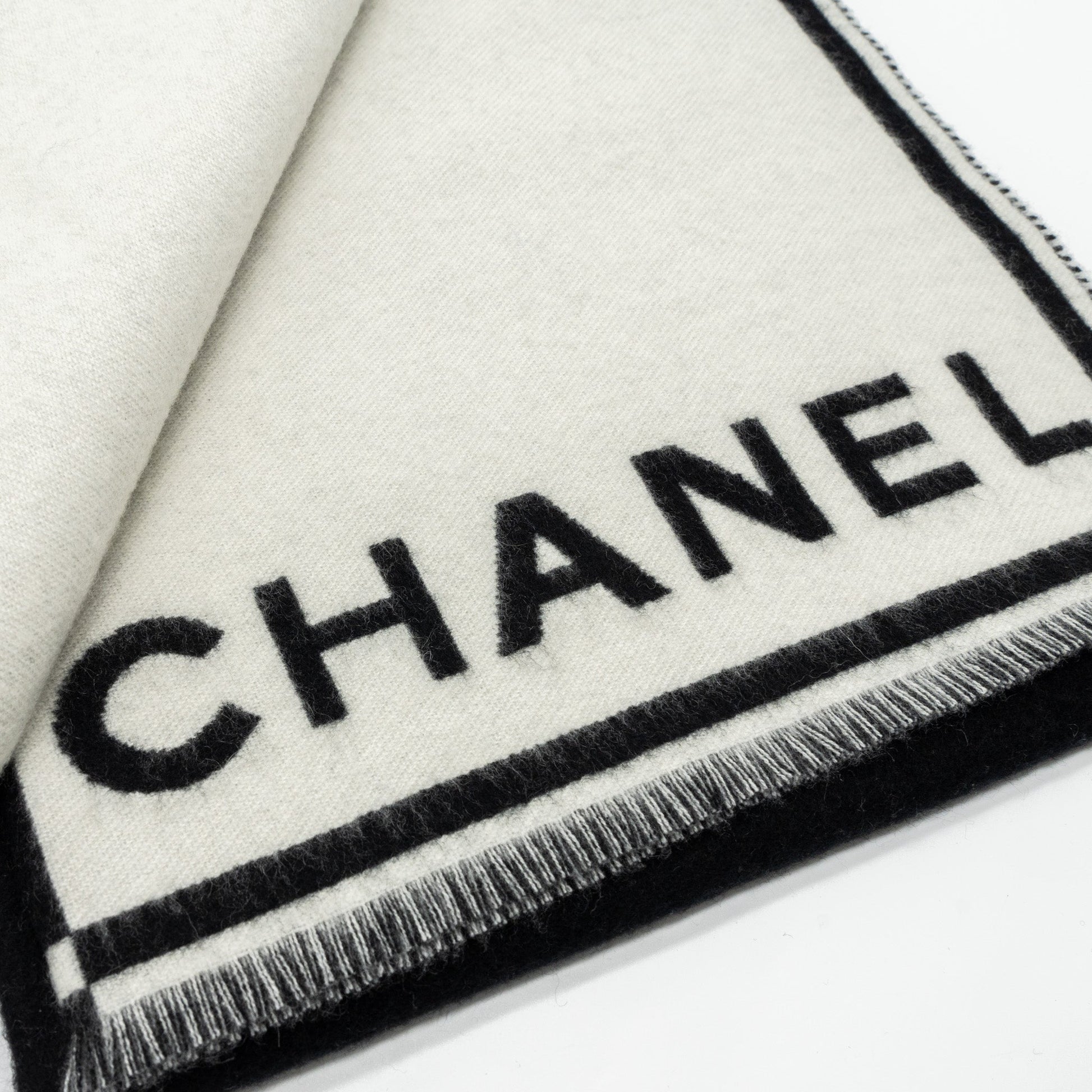 Chanel Letter CC Logo Cashmere Scarf Black White