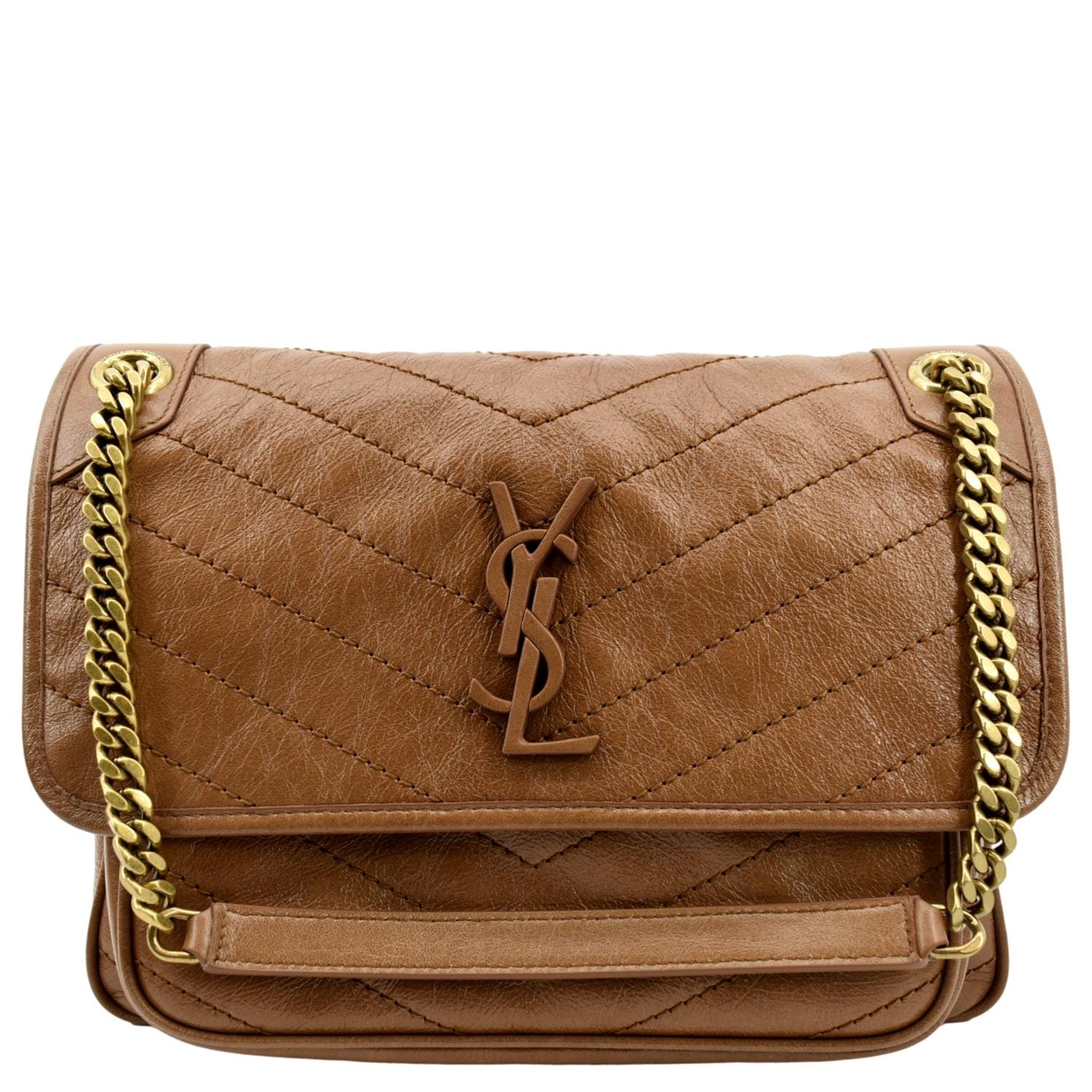 YSL Saint Laurent Yves Niki Crossbody Bag Dark Leather Brown Medium Medium Niki Crinkled
