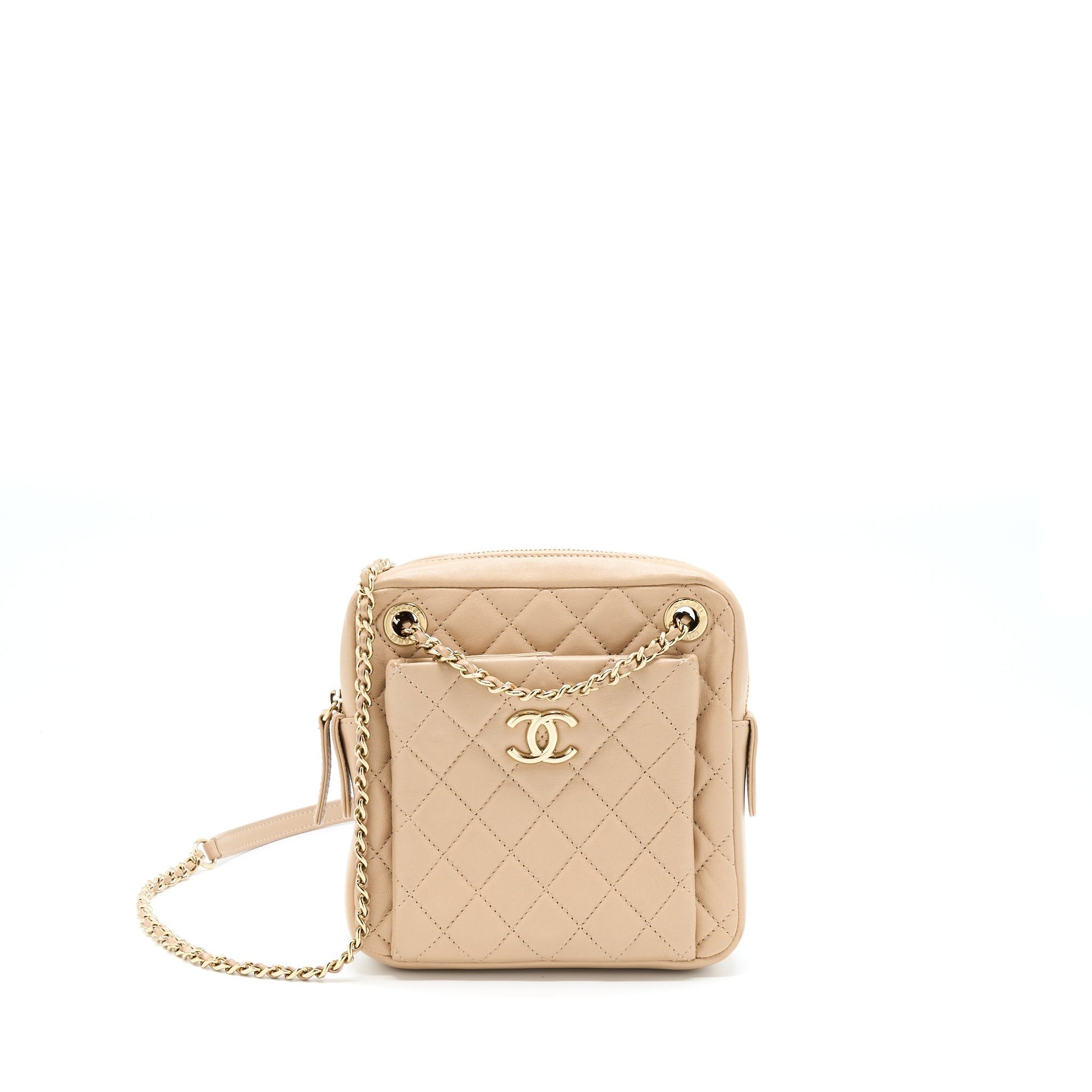 Chanel Vertical Camera Lambskin LGHW Beige Small Crossbody Bag