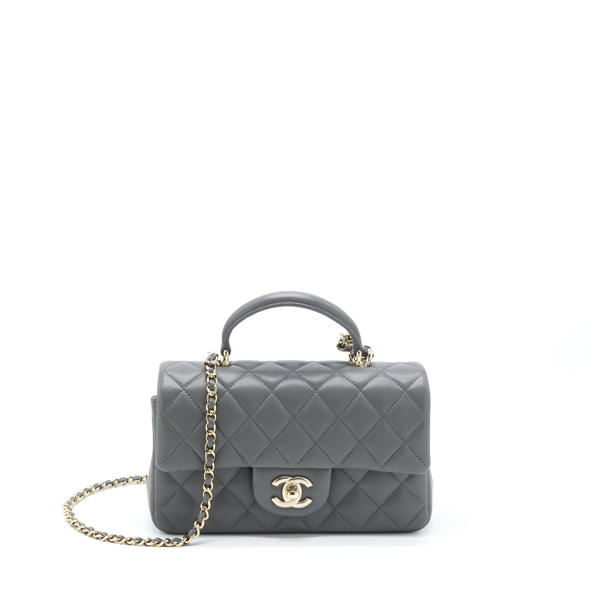 Chanel 22A Top Handle Rectangular Flap Lambskin Grey Shoulder Bag