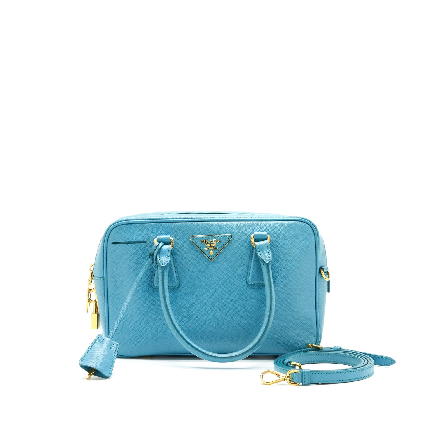 Prada Saffiano Top Handle Purse Handbag Blue Travel Bag