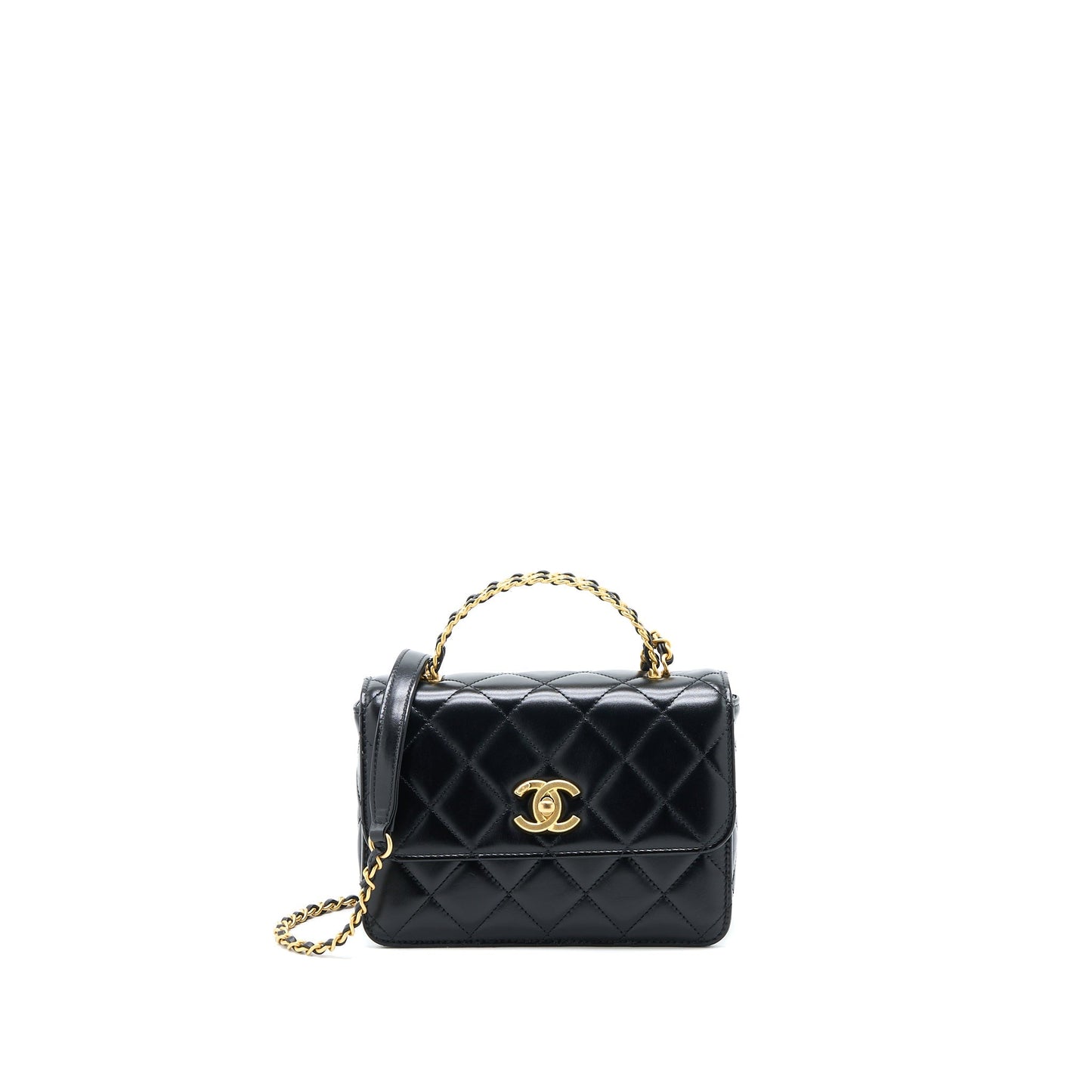 Chanel 23p Flap Top Handle Shiny Calfskin Black Shoulder Bag