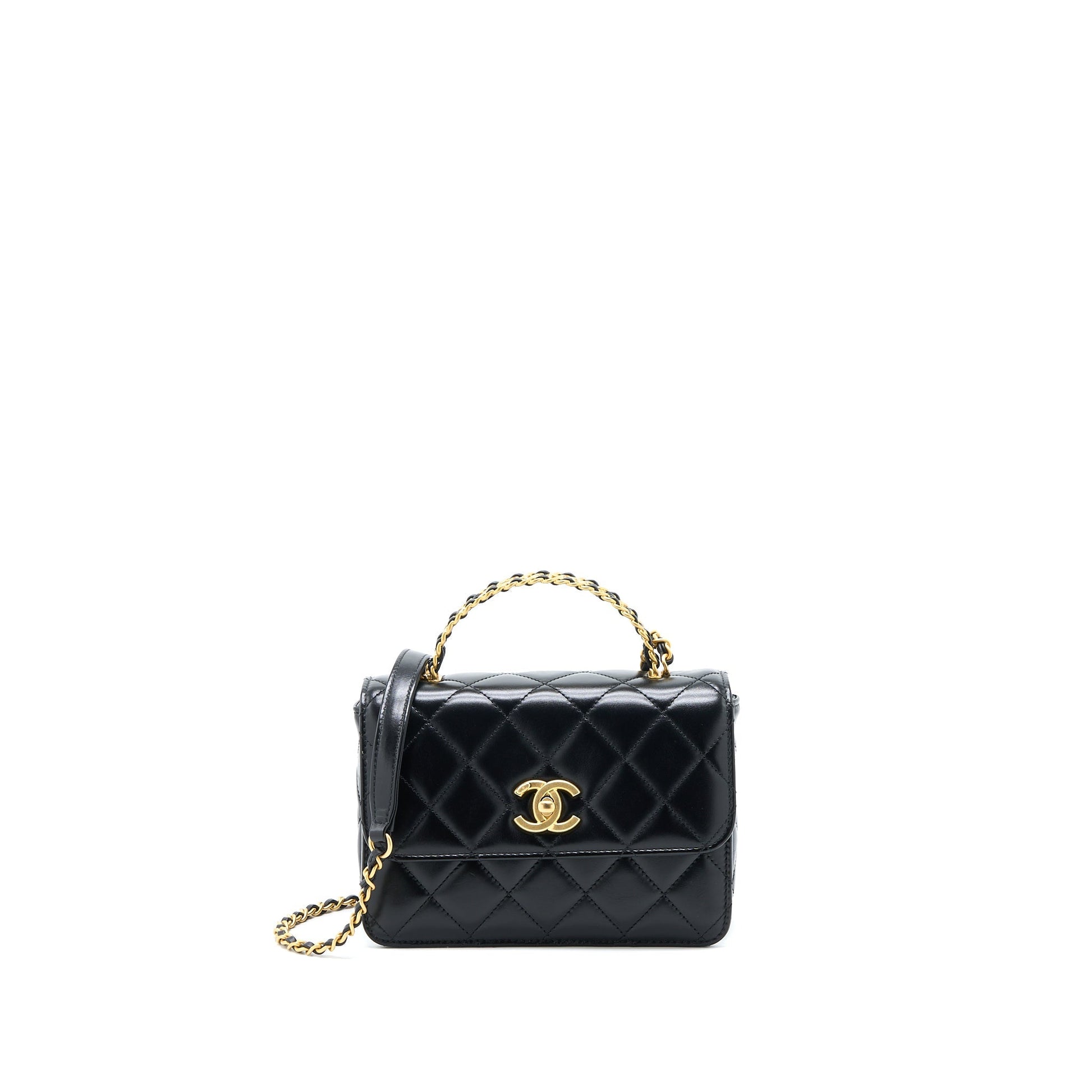 Chanel 23p Flap Top Handle Shiny Calfskin Black Shoulder Bag