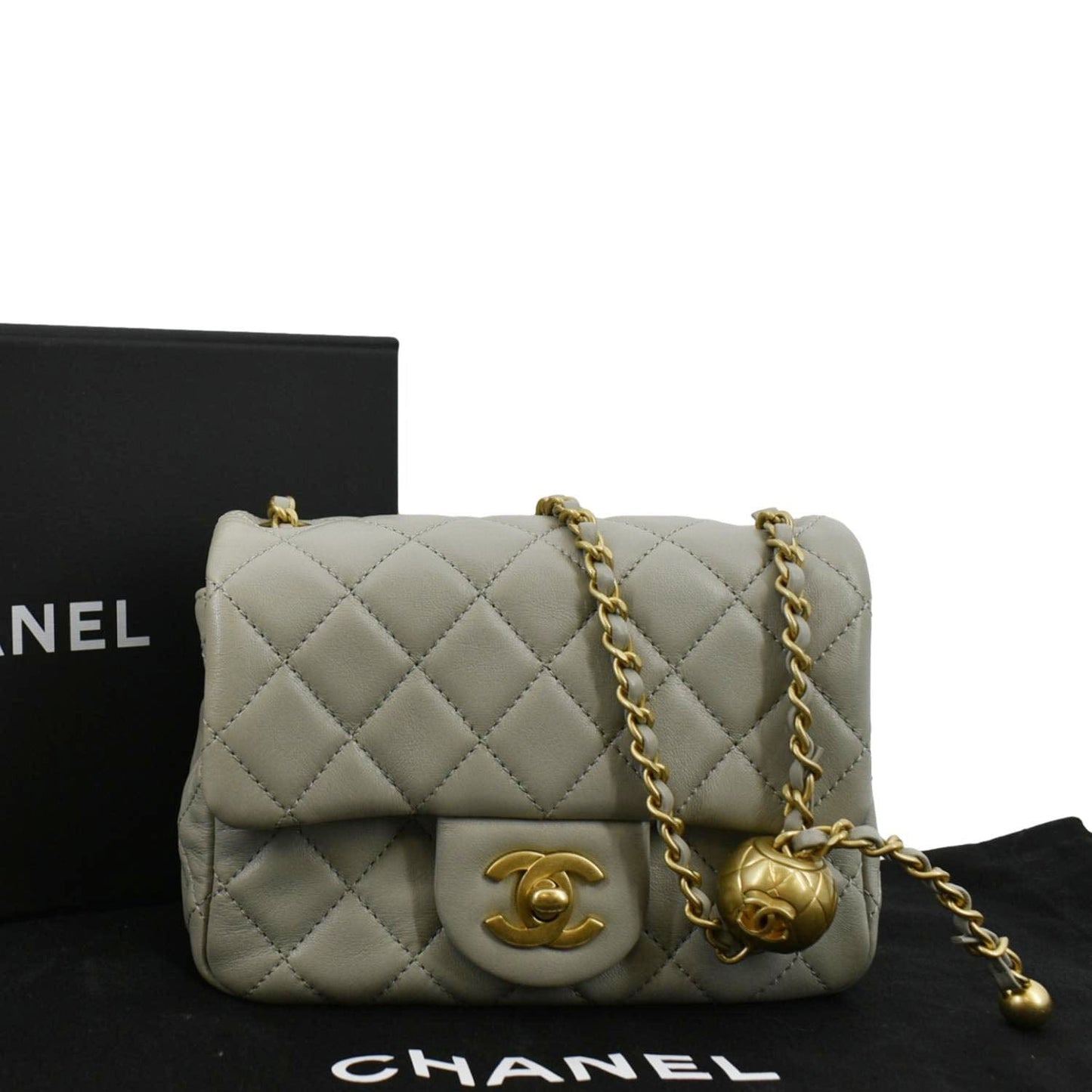 Chanel CC Pearl Crush Flap Quilted Leather Lambskin Grey Travel Bag
