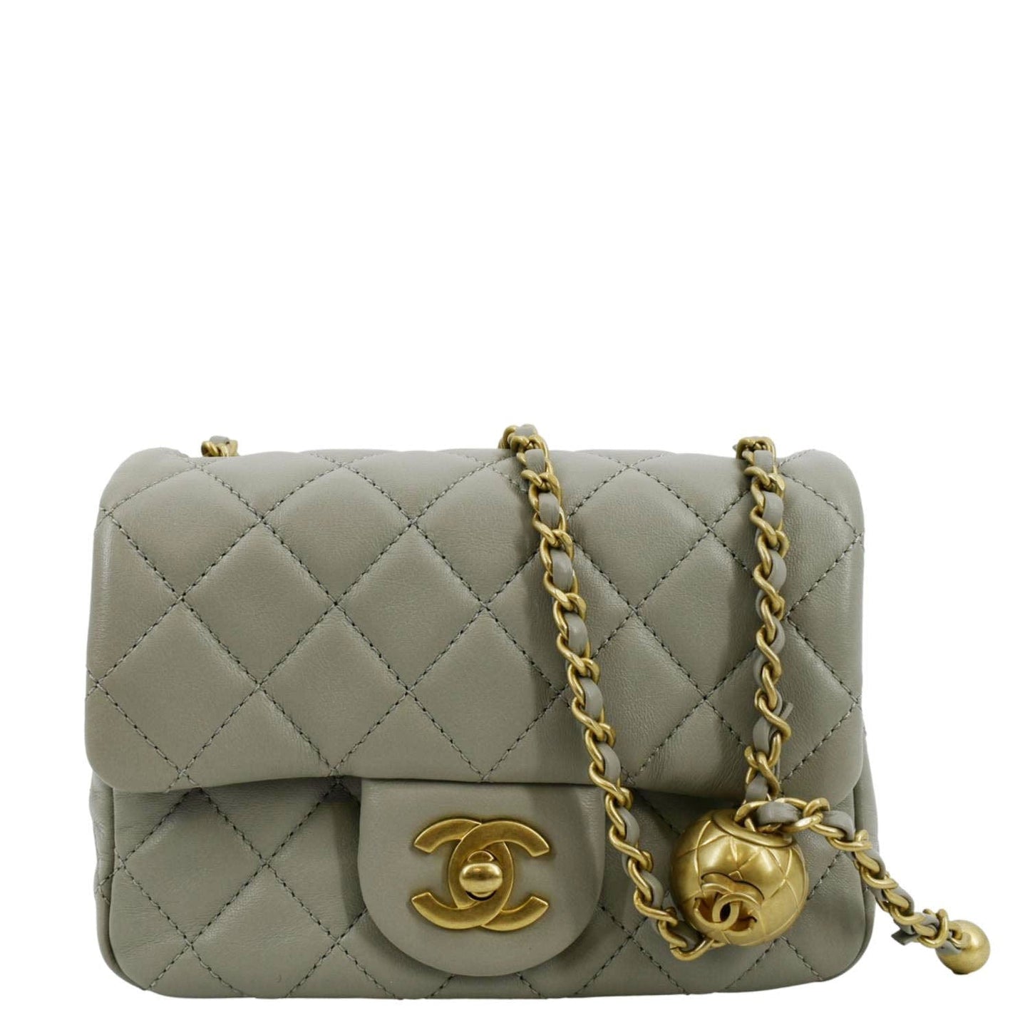 Chanel CC Pearl Crush Flap Quilted Leather Lambskin Grey Travel Bag