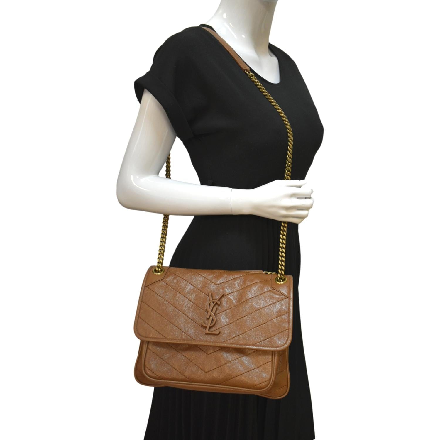 YSL Saint Laurent Yves Niki Crossbody Bag Dark Leather Brown Medium Medium Niki Crinkled