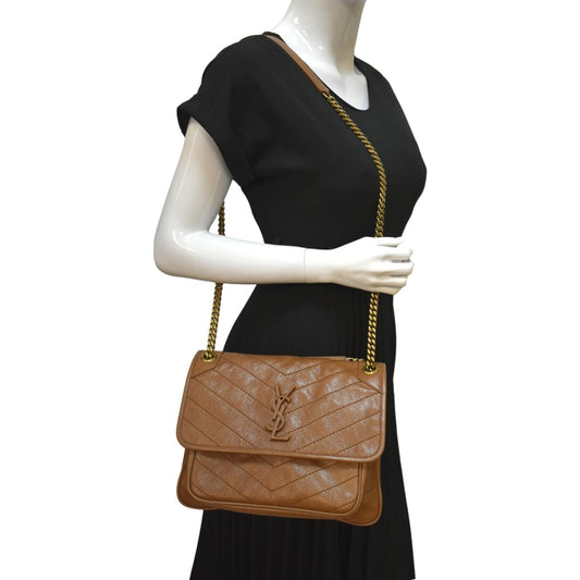 YSL Saint Laurent Yves Niki Crossbody Bag Dark Leather Brown Medium Medium Niki Crinkled