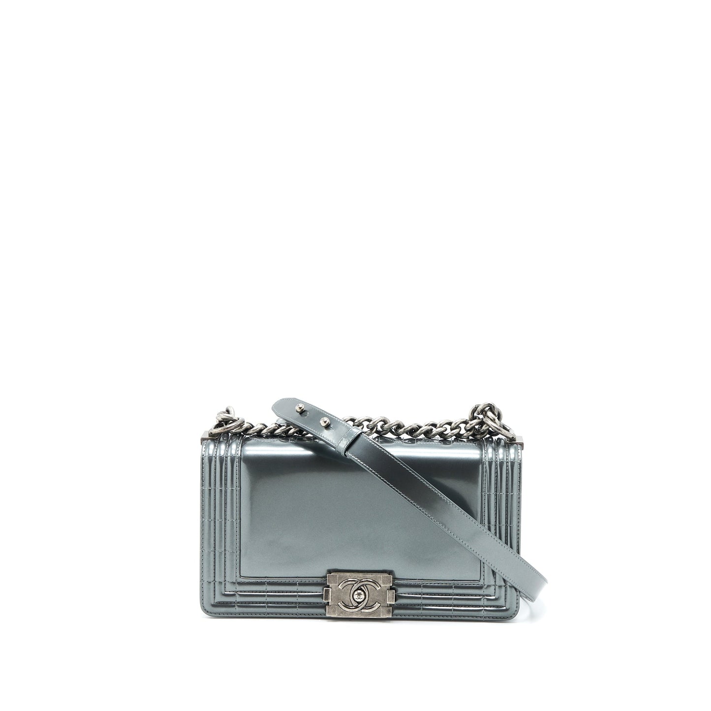 Chanel Boy Patent Ruthenium SHW Grey Handbag