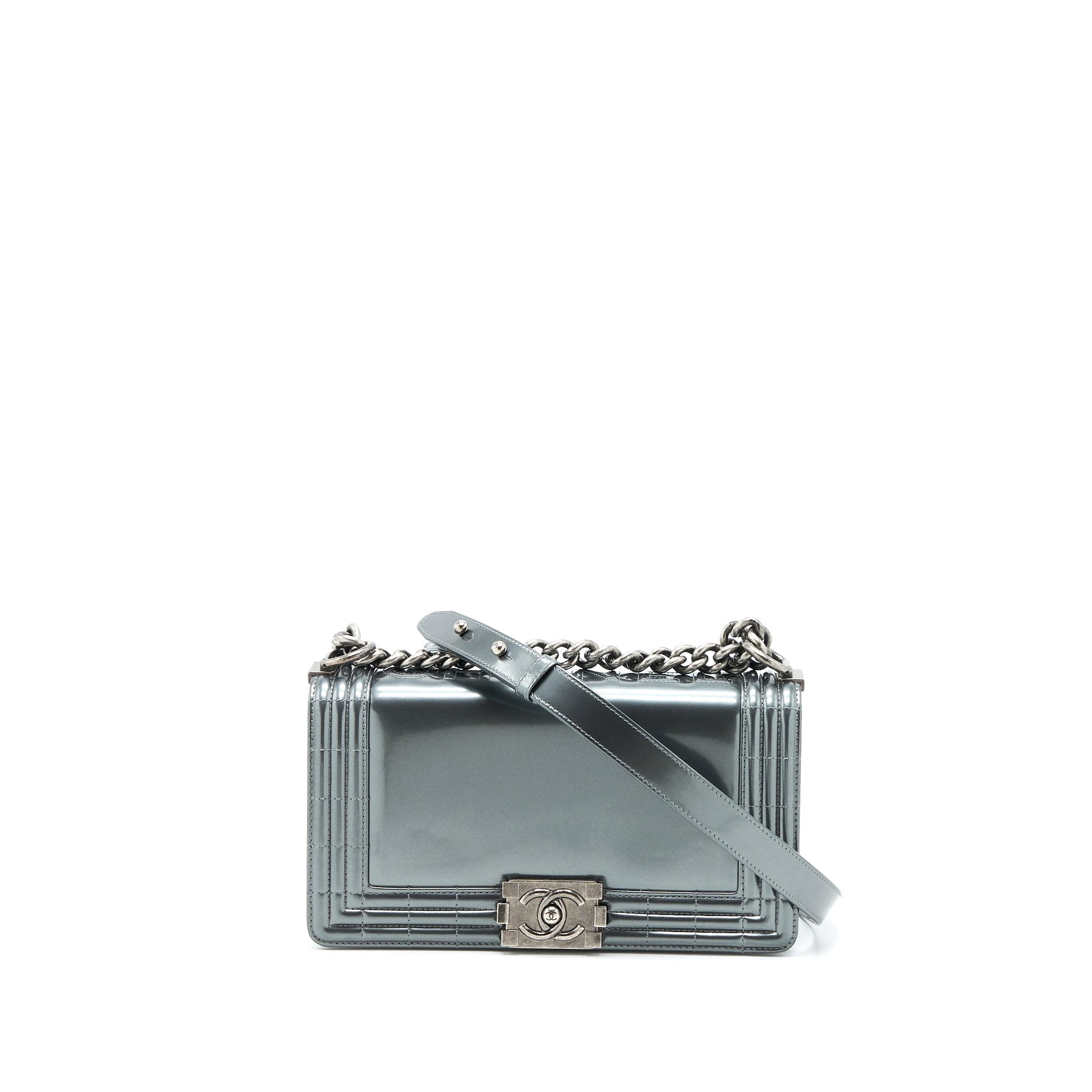 Chanel Boy Patent Ruthenium SHW Grey Handbag