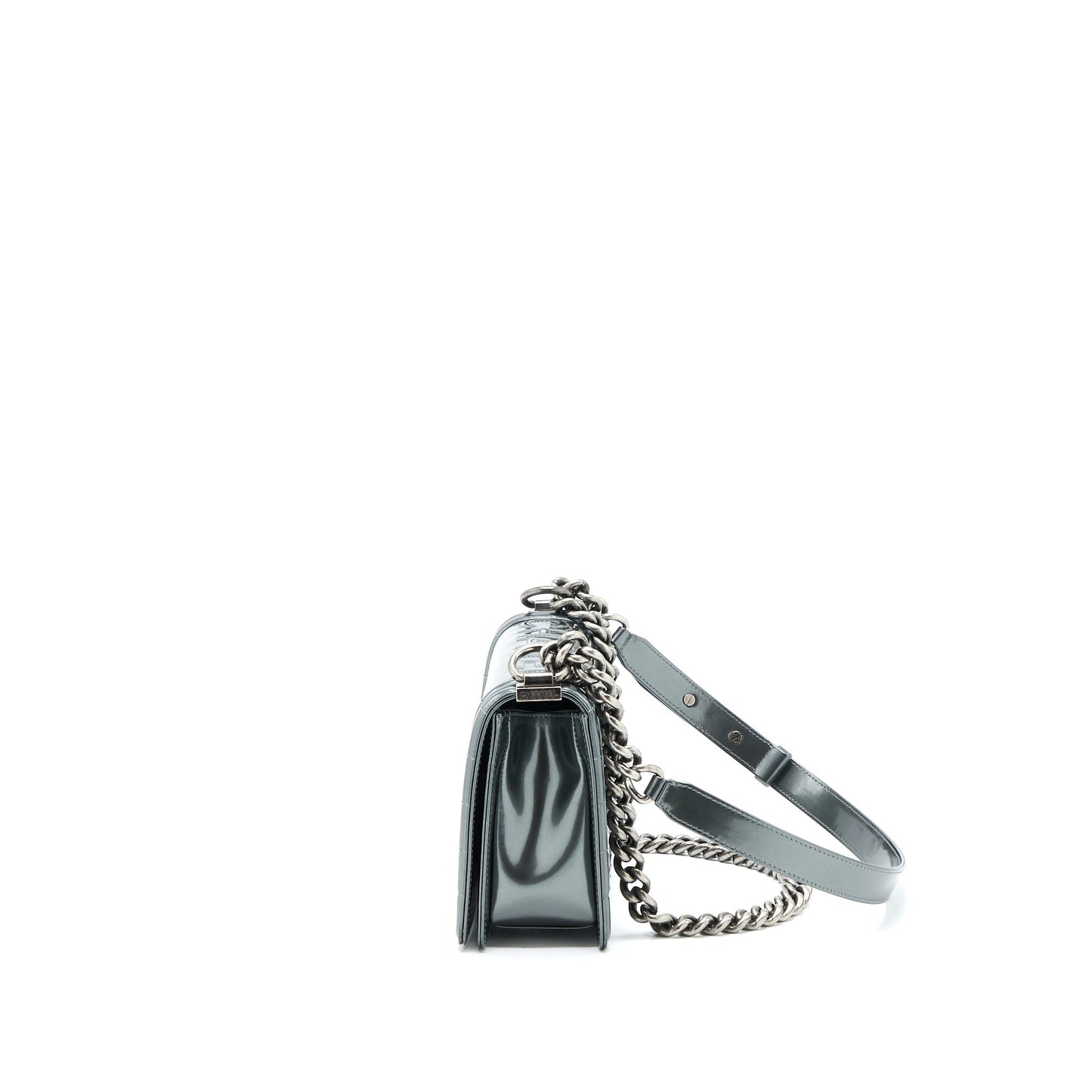 Chanel Boy Patent Ruthenium SHW Grey Handbag