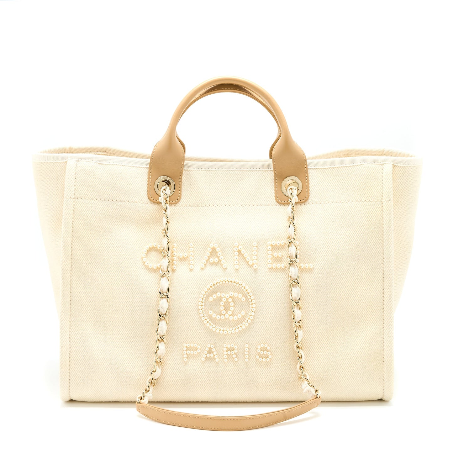 Chanel Deauville Fabric Creamy GHW White Beige Leather Tote Bag