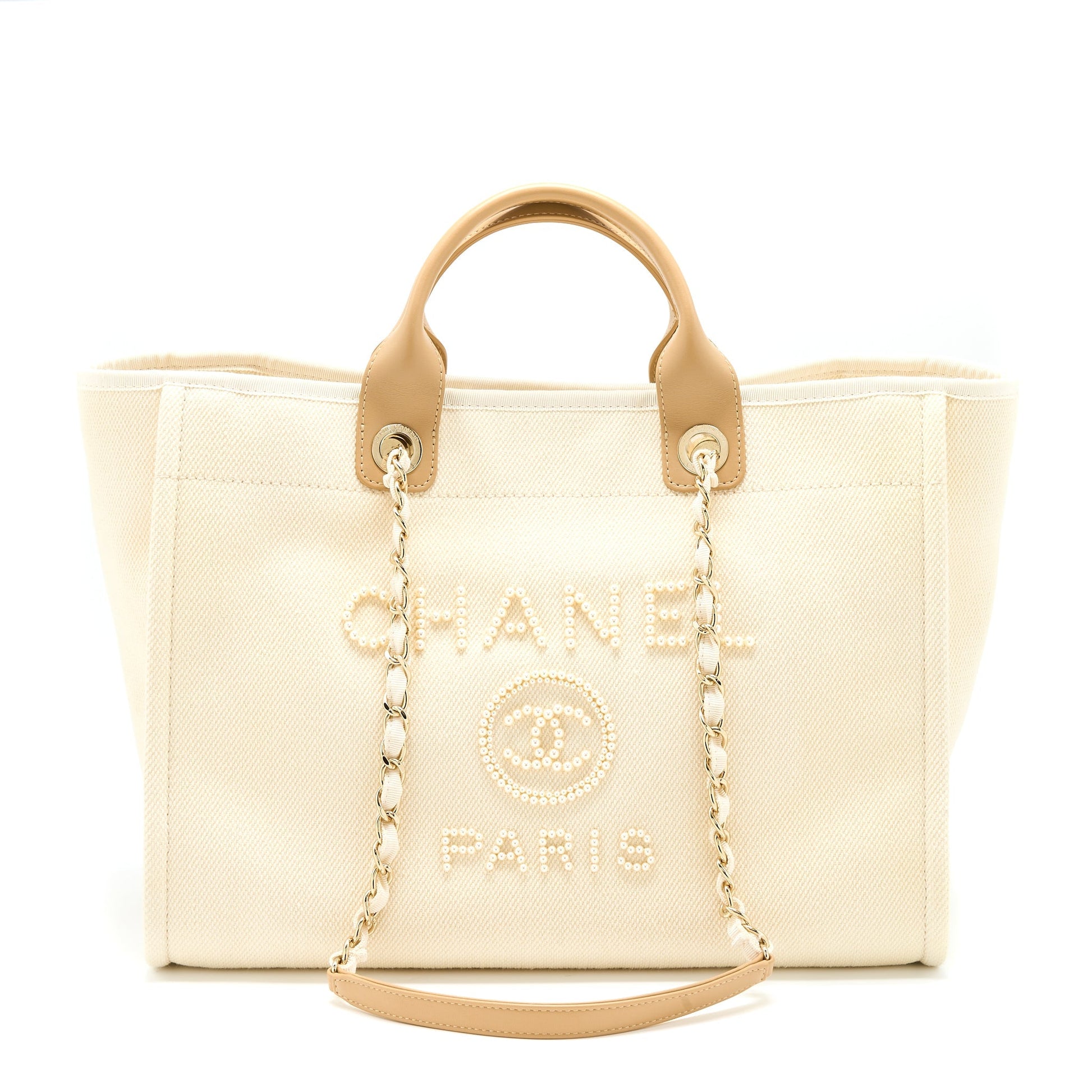 Chanel Deauville Fabric Creamy GHW White Beige Leather Tote Bag