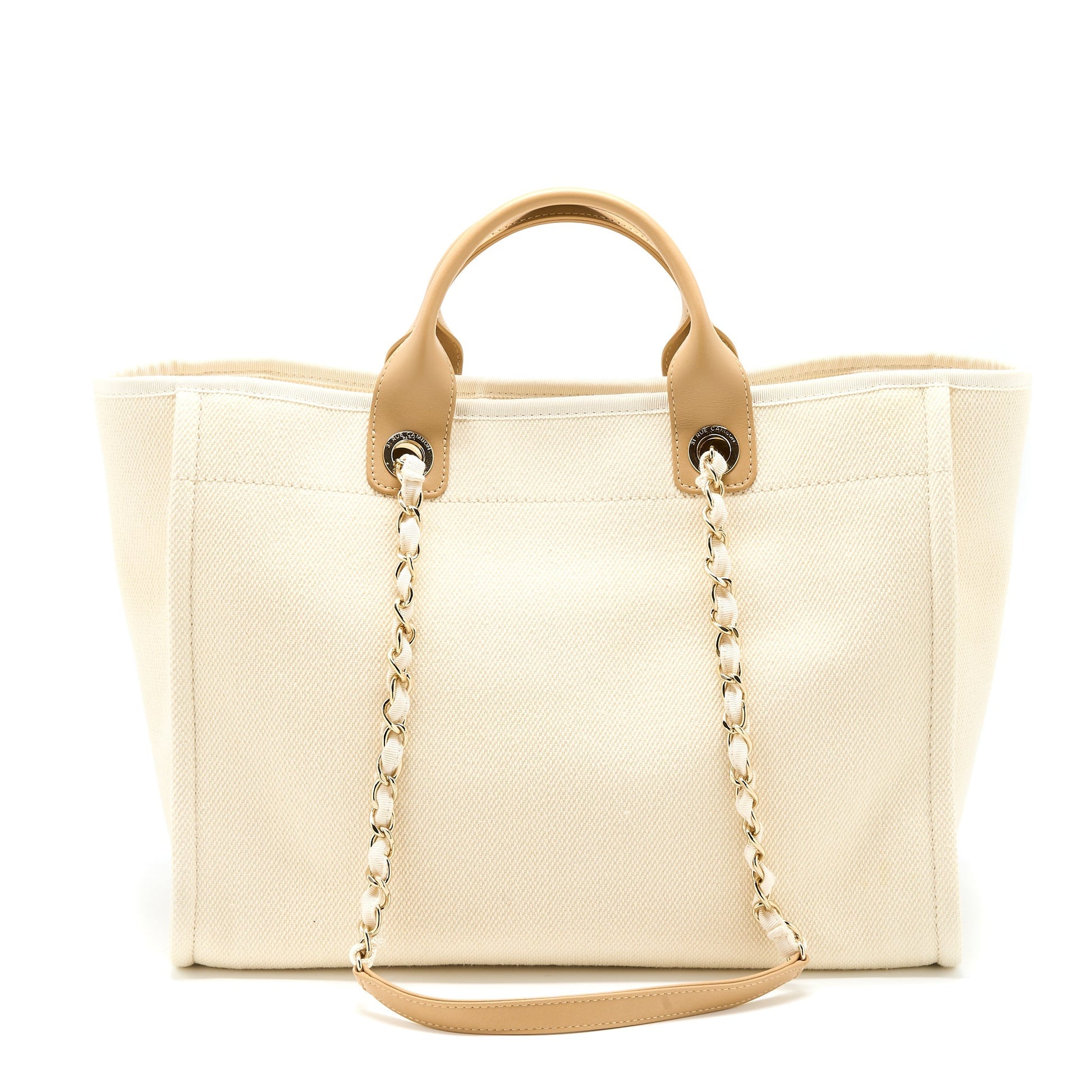 Chanel Deauville Fabric Creamy GHW White Beige Leather Tote Bag