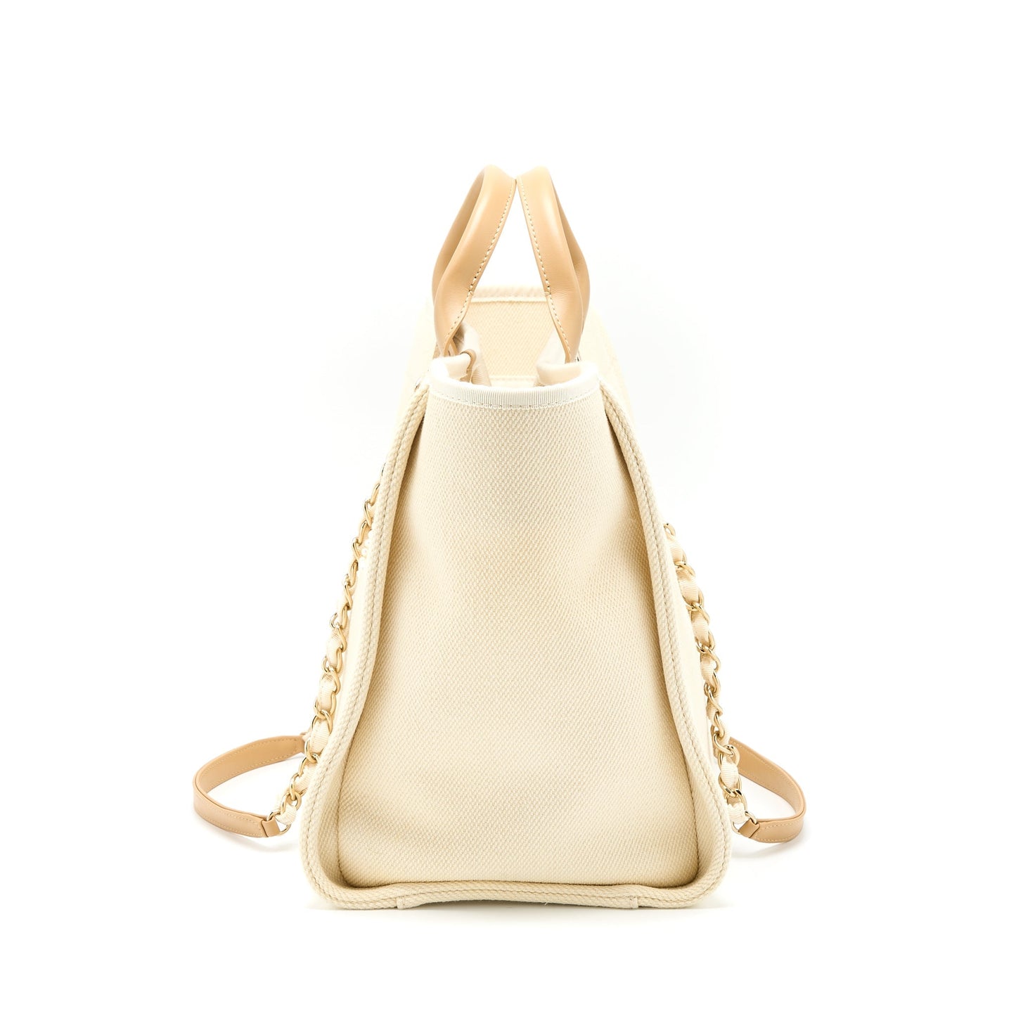 Chanel Deauville Fabric Creamy GHW White Beige Leather Tote Bag