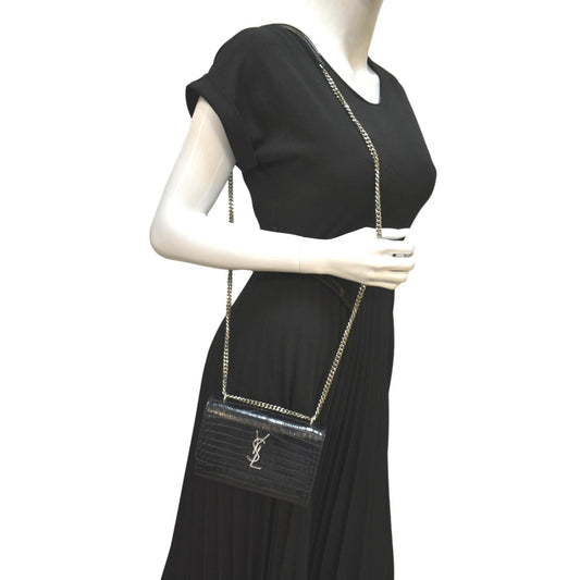 YSL Saint Laurent Yves Sunset Crocodile Crossbody Bag Leather Black Laurent Sunset Croc