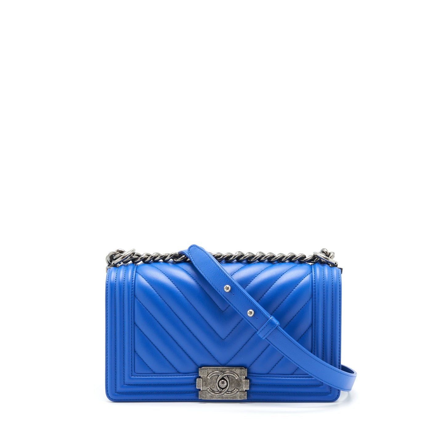 Chanel Chevron Boy Lambskin Ruthenium Hardware Blue Handbag