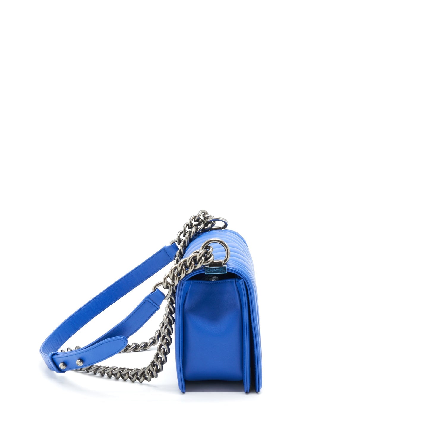 Chanel Chevron Boy Lambskin Ruthenium Hardware Blue Handbag