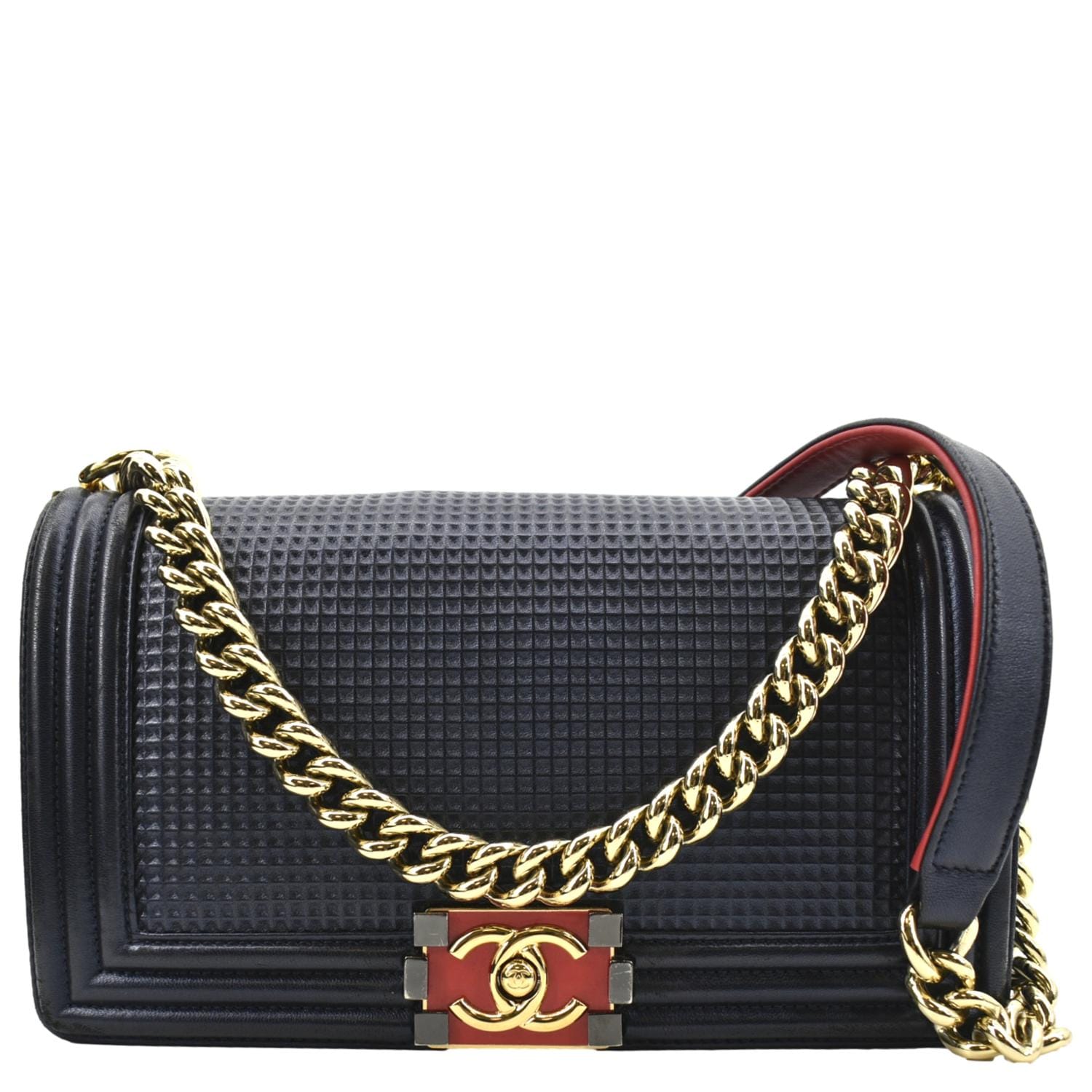 Chanel Boy Flap Cube Embossed Navy Leather Blue Travel Bag