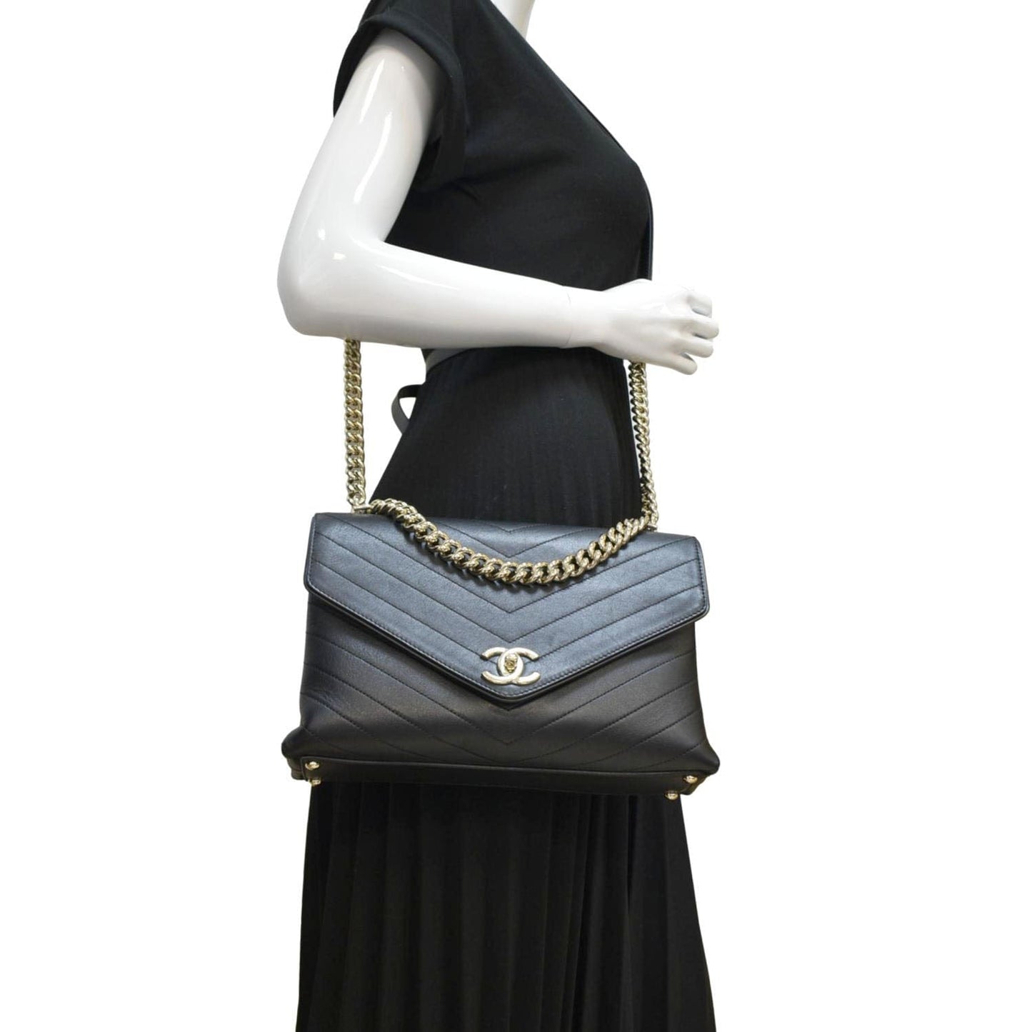 Chanel Coco Flap Chevron Stitched Leather Black Travel Bag